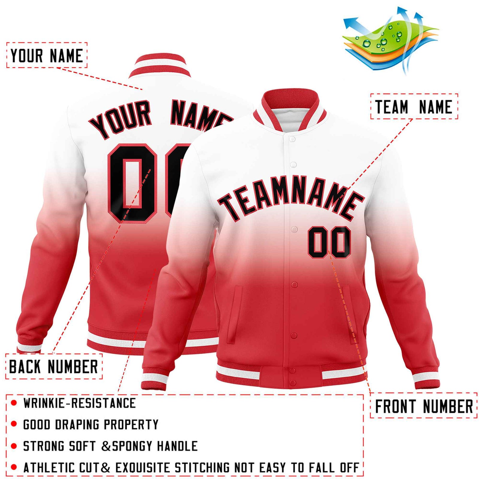 Custom White Light Red Full-Snap Varsity Personalization Gradient Fashion Letterman Jacket