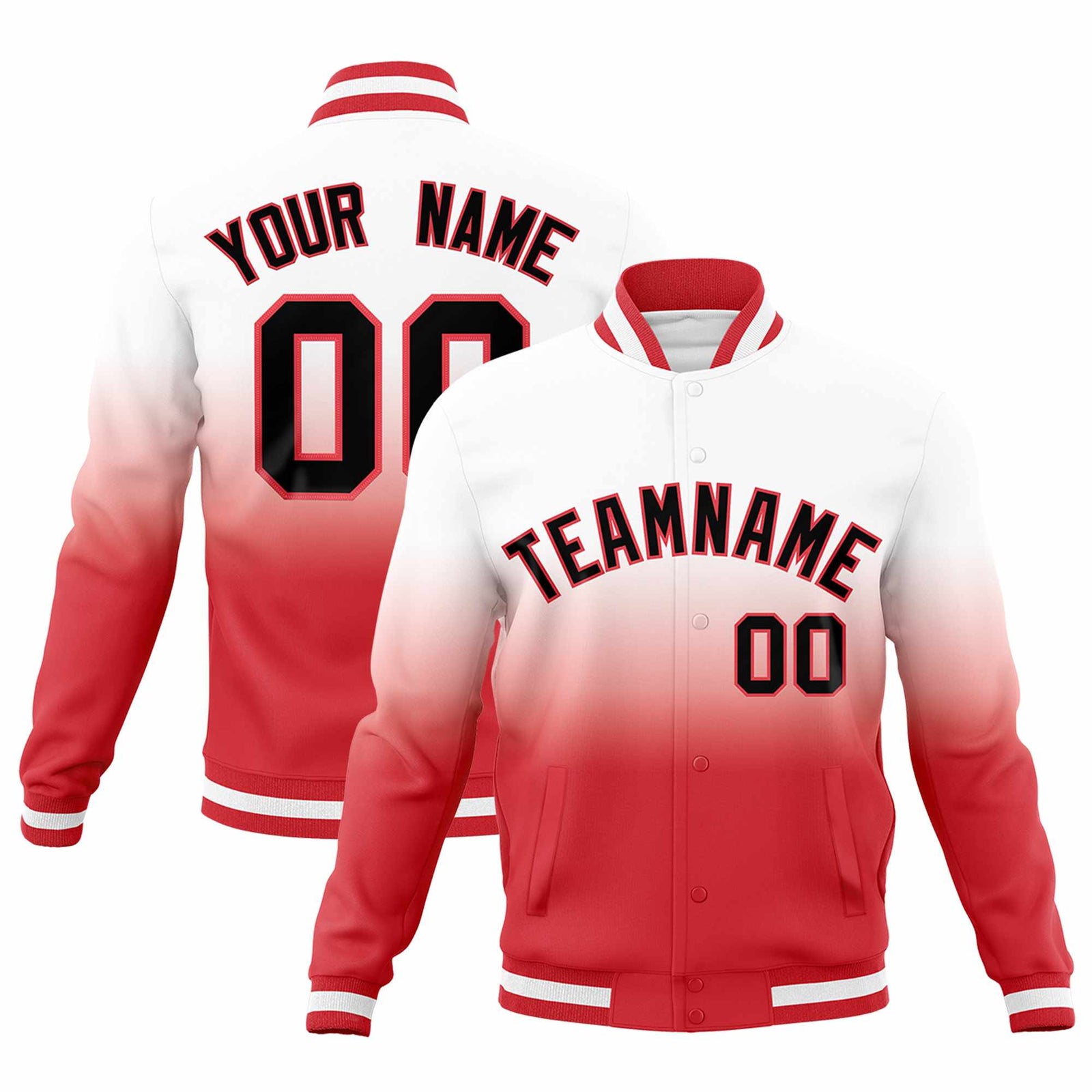 Custom White Light Red Full-Snap Varsity Personalization Gradient Fashion Letterman Jacket