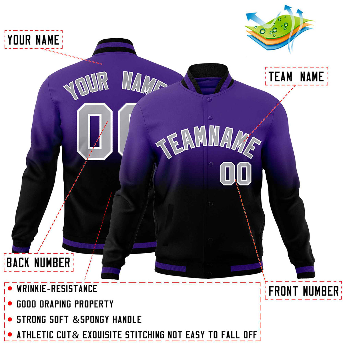 Custom Purple Black Full-Snap Varsity Personalization Gradient Fashion Letterman Jacket