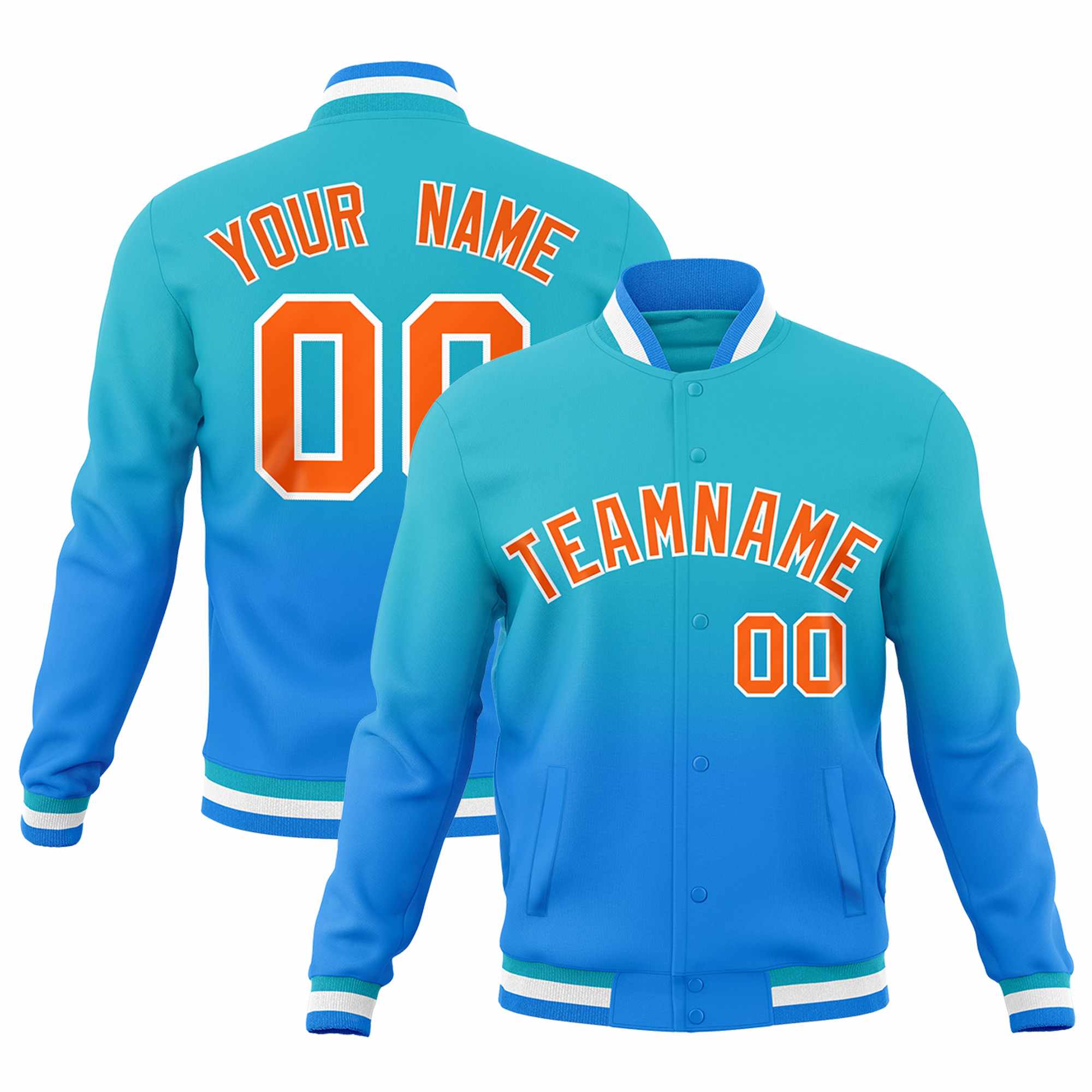 Custom Sky Blue Powder Blue Full-Snap Varsity Personalization Gradient Fashion Letterman Jacket