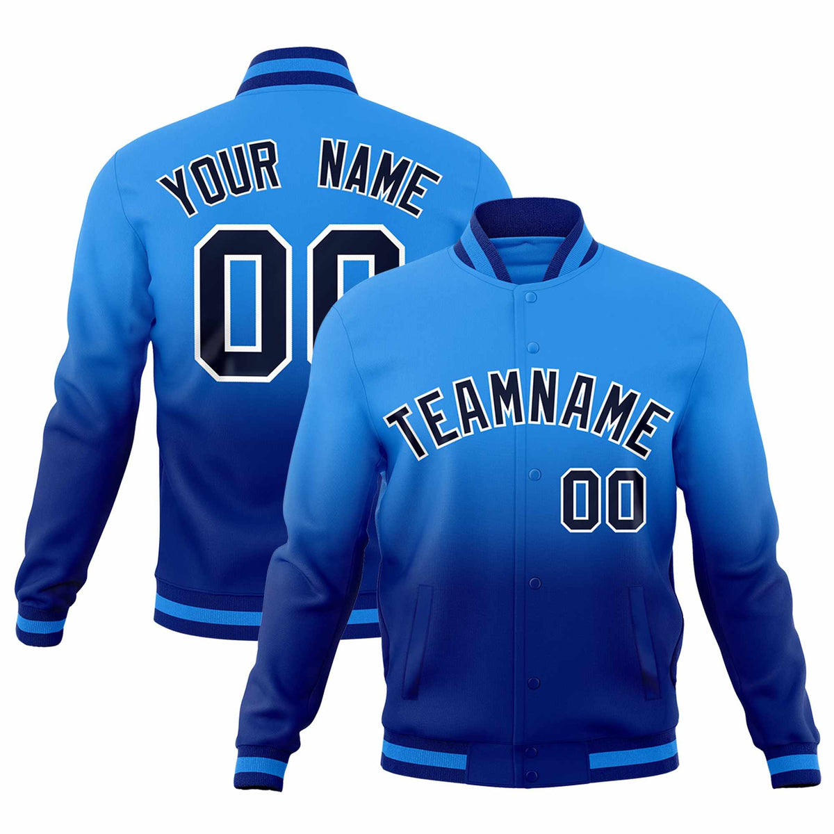 Custom Powder Blue Royal Full-Snap Varsity Personalization Gradient Fashion Letterman Jacket