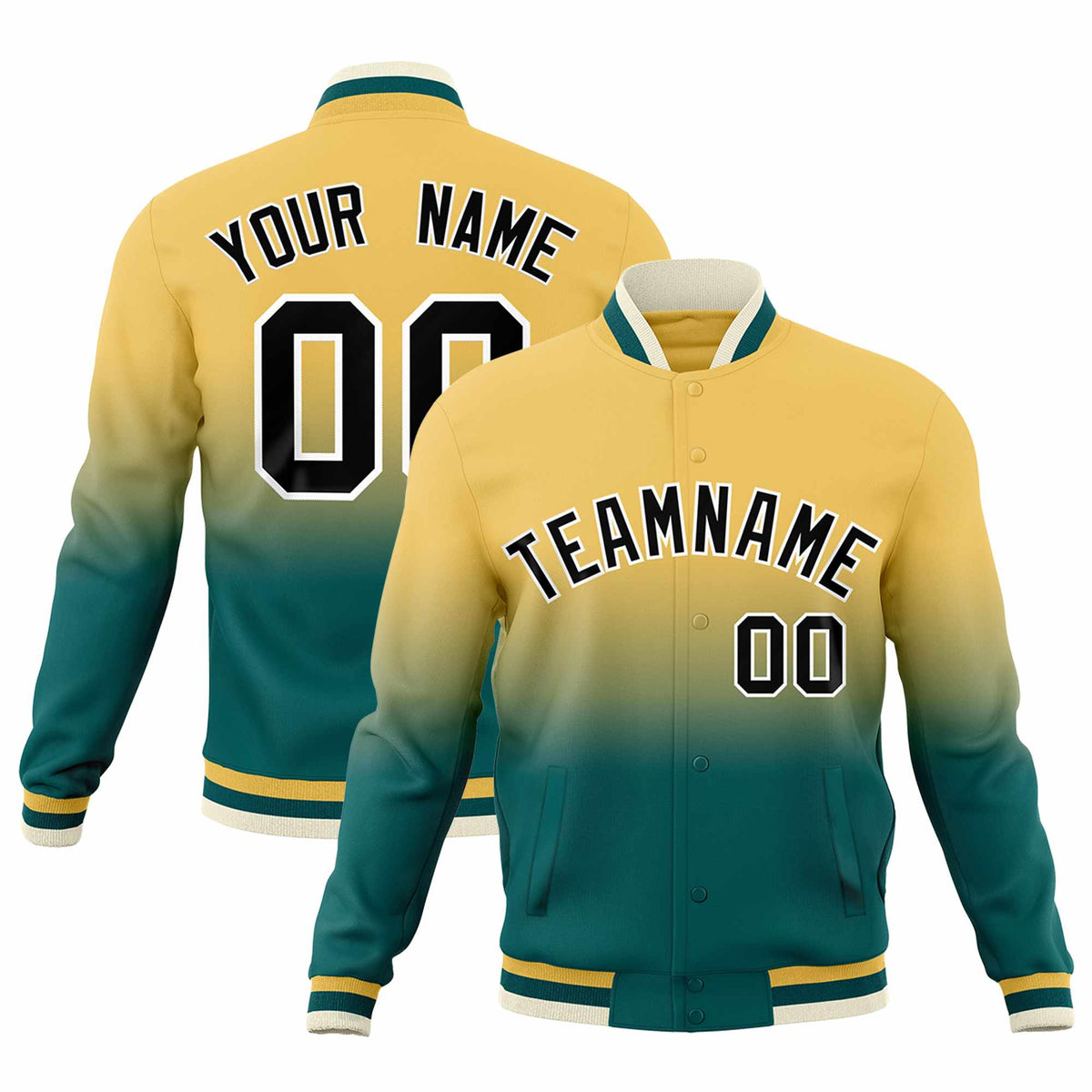 Custom Khaki Teal Full-Snap Varsity Personalization Gradient Fashion Letterman Jacket