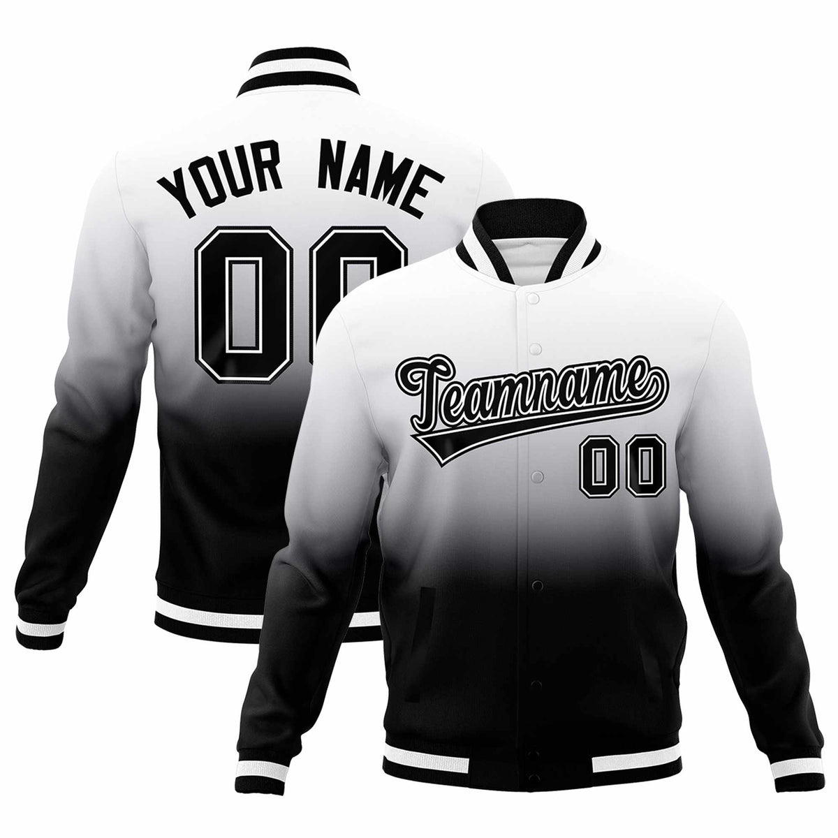 Custom Black White Full-Snap Varsity Personalization Gradient Fashion Letterman Jacket| KXKSHOP