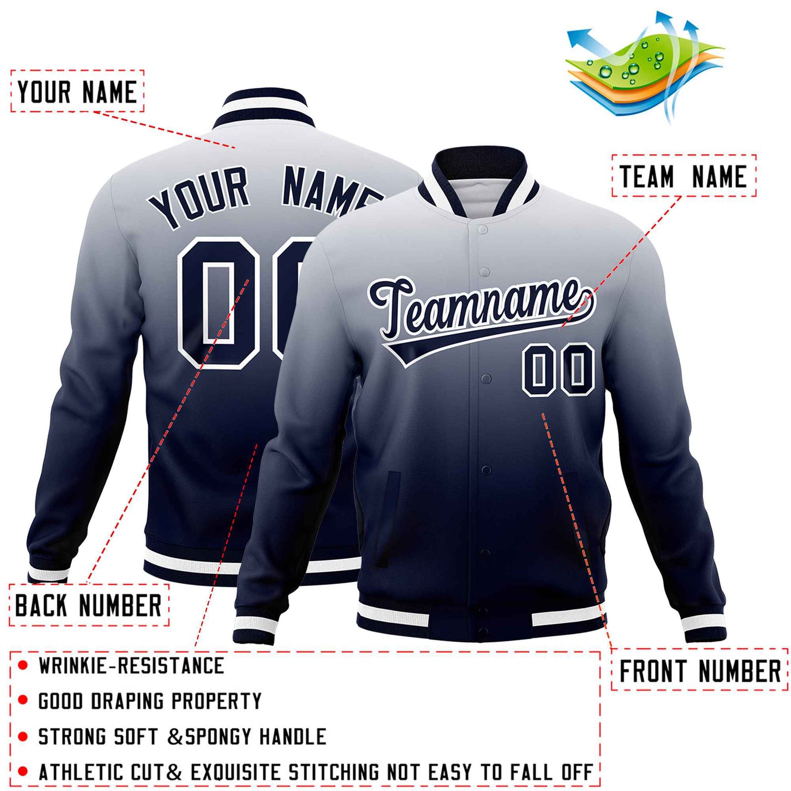Custom Navy White Full-Snap Varsity Personalization Gradient Fashion Letterman Jacket| KXKSHOP