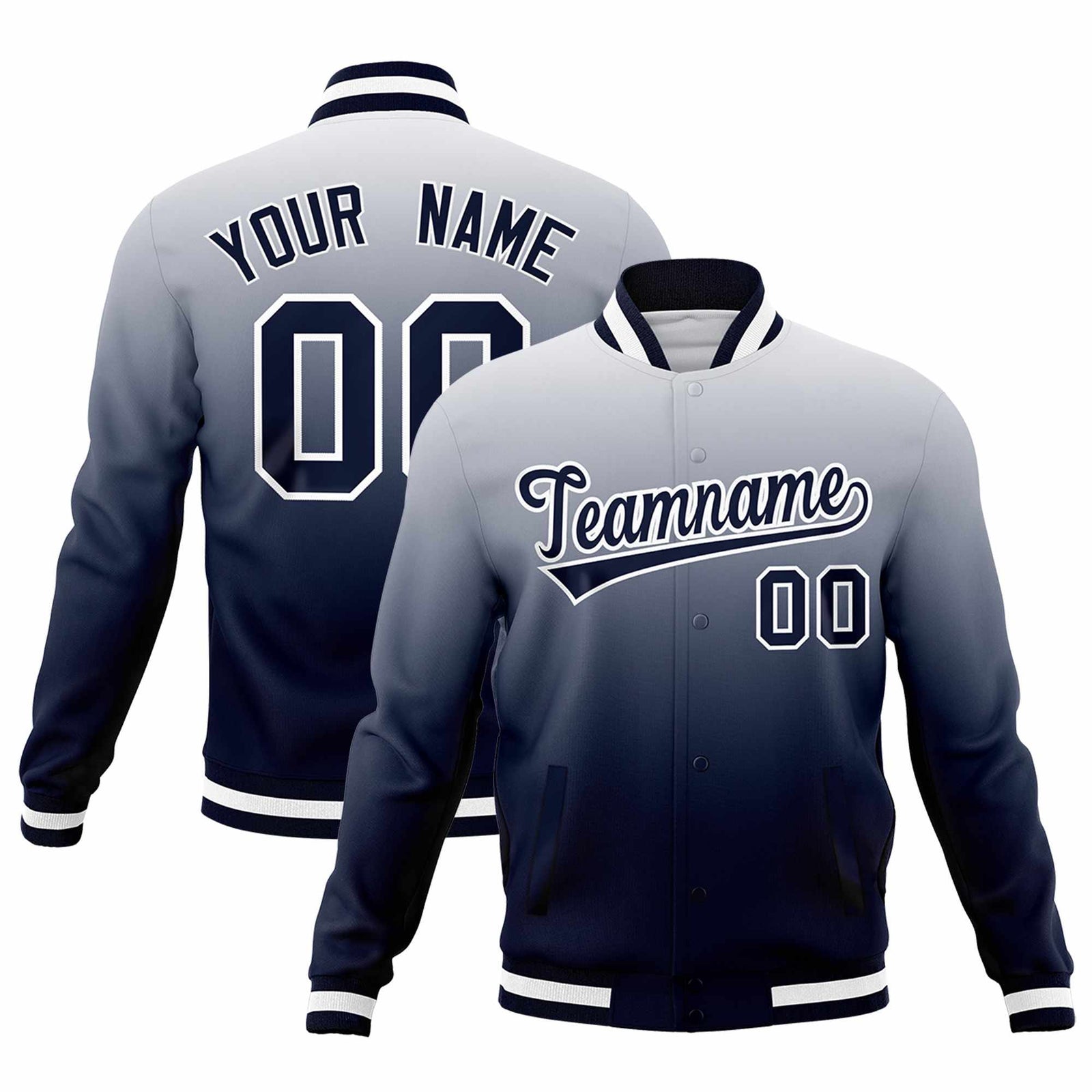 Custom Navy White Full-Snap Varsity Personalization Gradient Fashion Letterman Jacket| KXKSHOP