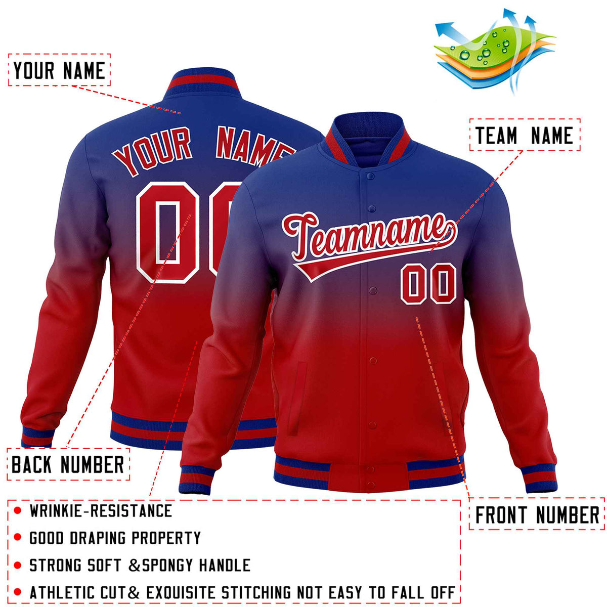 Custom Royal Red Full-Snap Varsity Personalization Gradient Fashion Letterman Jacket| KXKSHOP