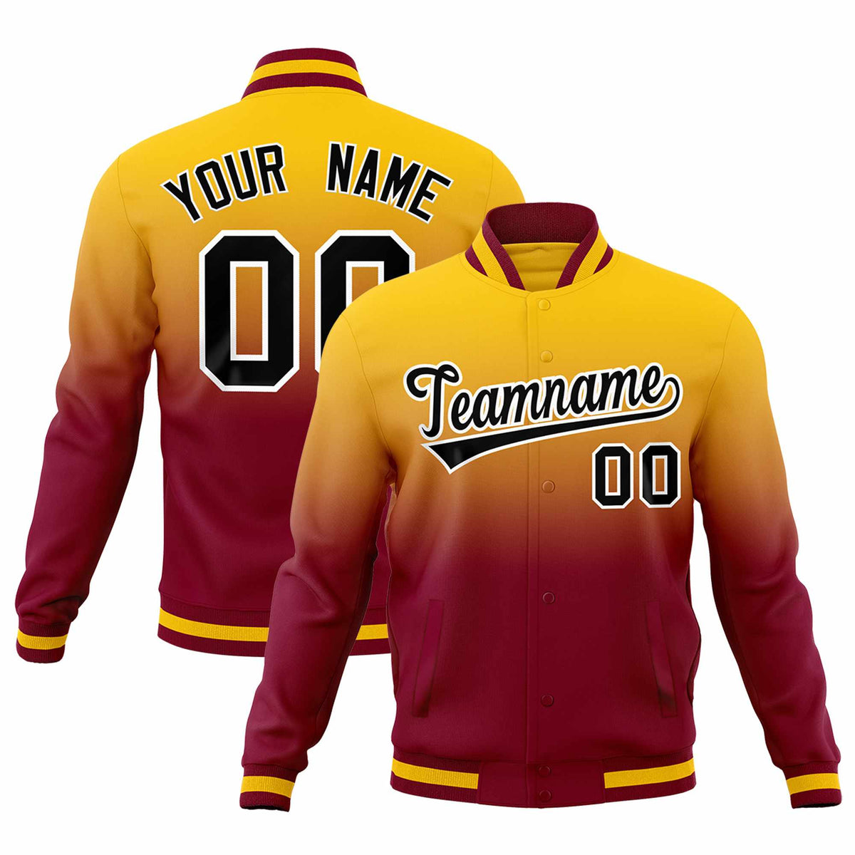 Custom Yellow Crimson Full-Snap Varsity Personalization Gradient Fashion Letterman Jacket| KXKSHOP