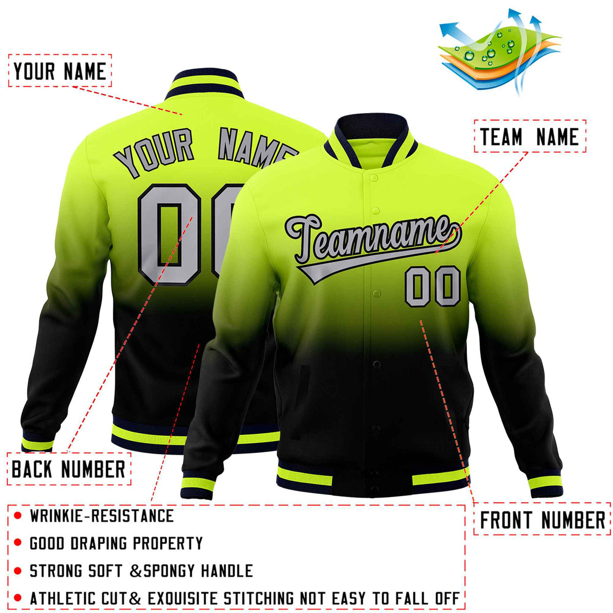 Custom Neon Green Navy Full-Snap Varsity Personalization Gradient Fashion Letterman Jacket| KXKSHOP
