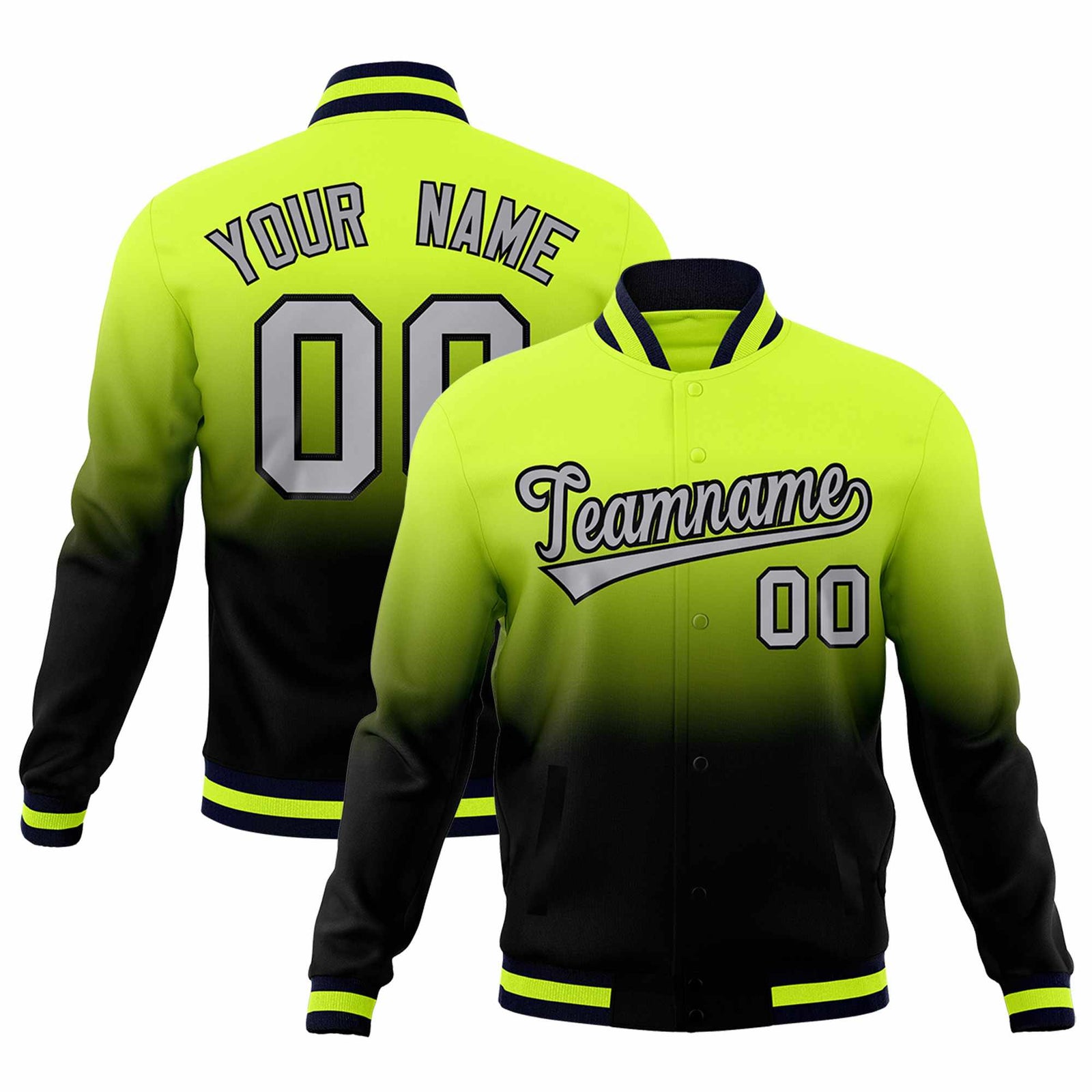 Custom Neon Green Navy Full-Snap Varsity Personalization Gradient Fashion Letterman Jacket| KXKSHOP