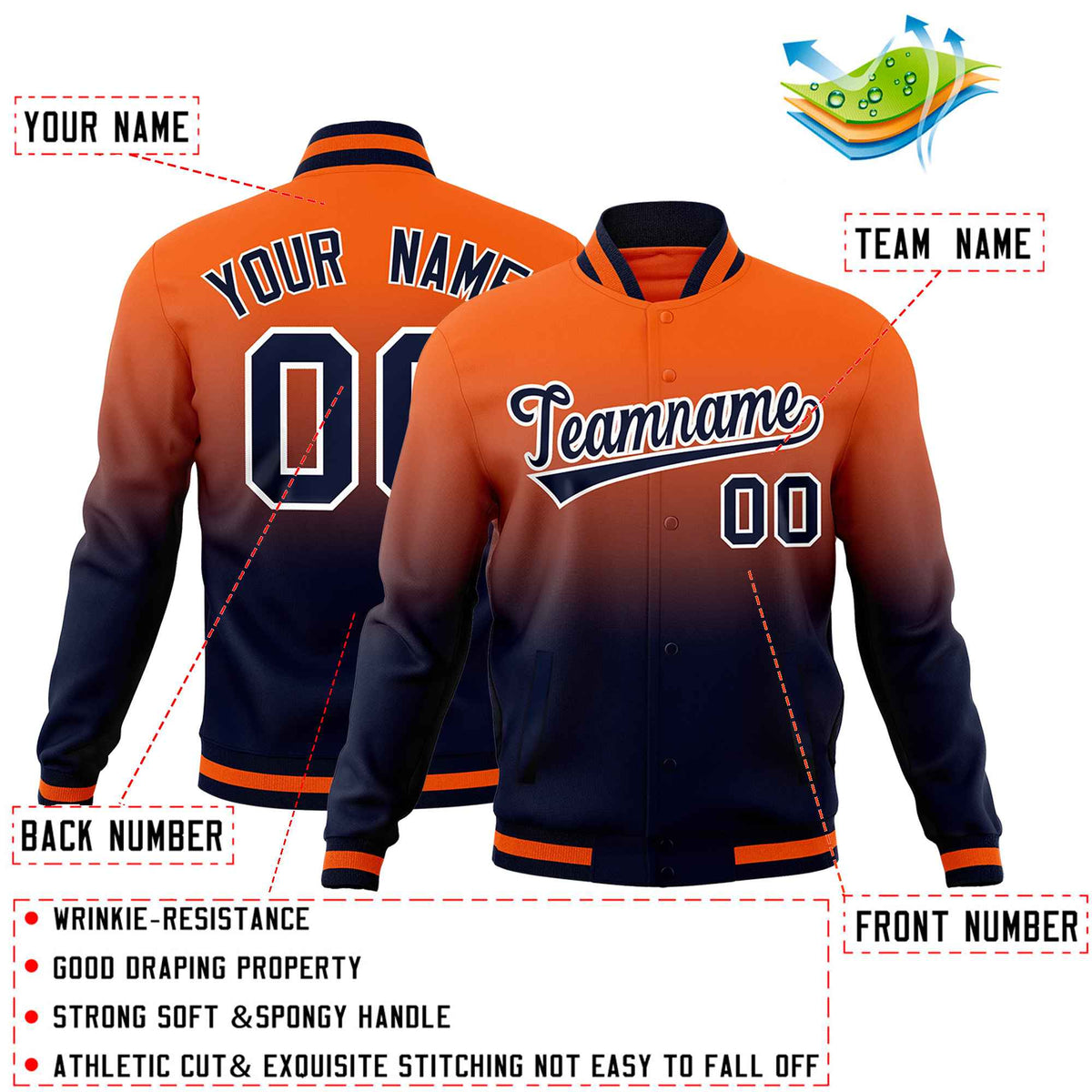 Custom Navy Orange Full-Snap Varsity Personalization Gradient Fashion Letterman Jacket| KXKSHOP