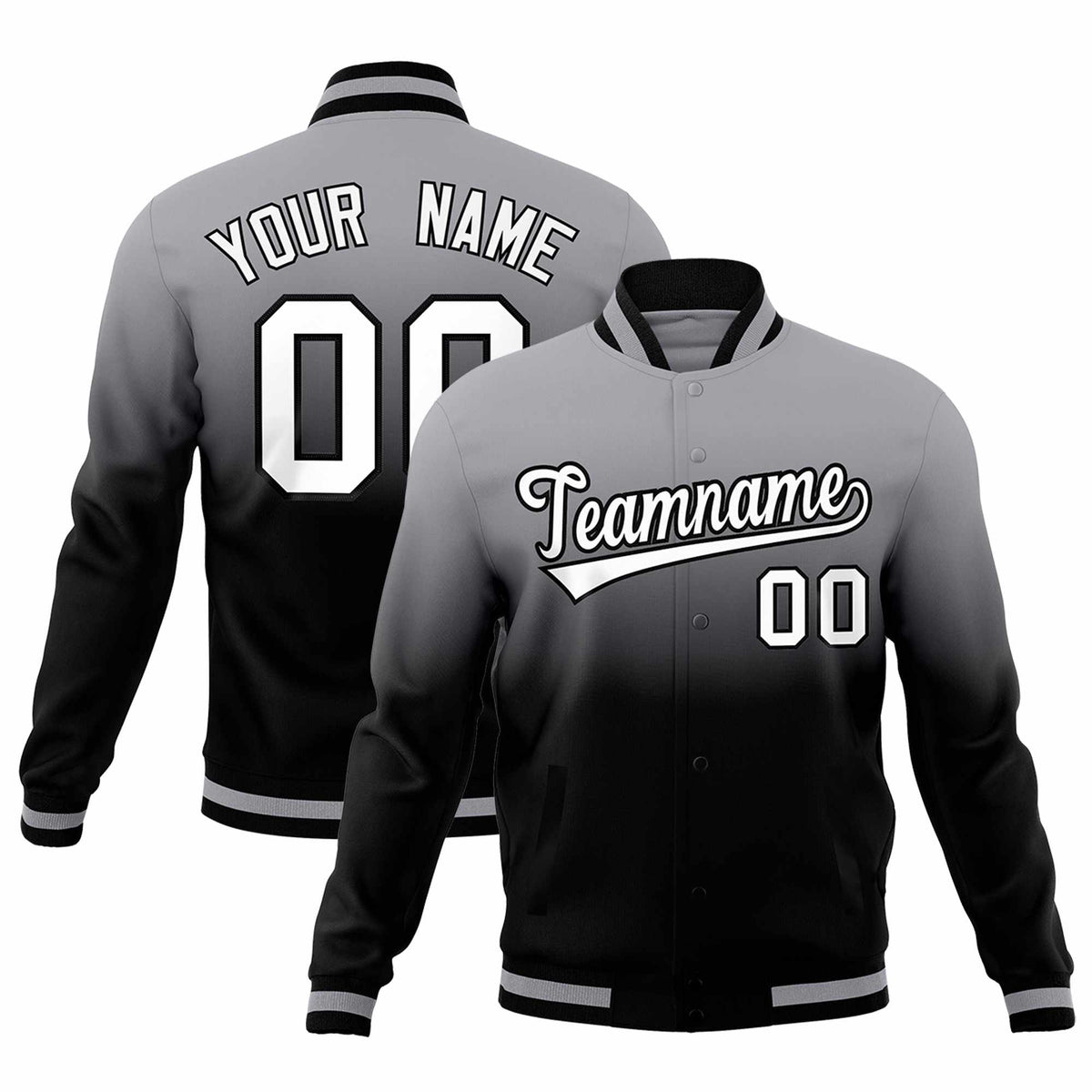 Custom Gray Black Full-Snap Varsity Personalization Gradient Fashion Letterman Jacket| KXKSHOP