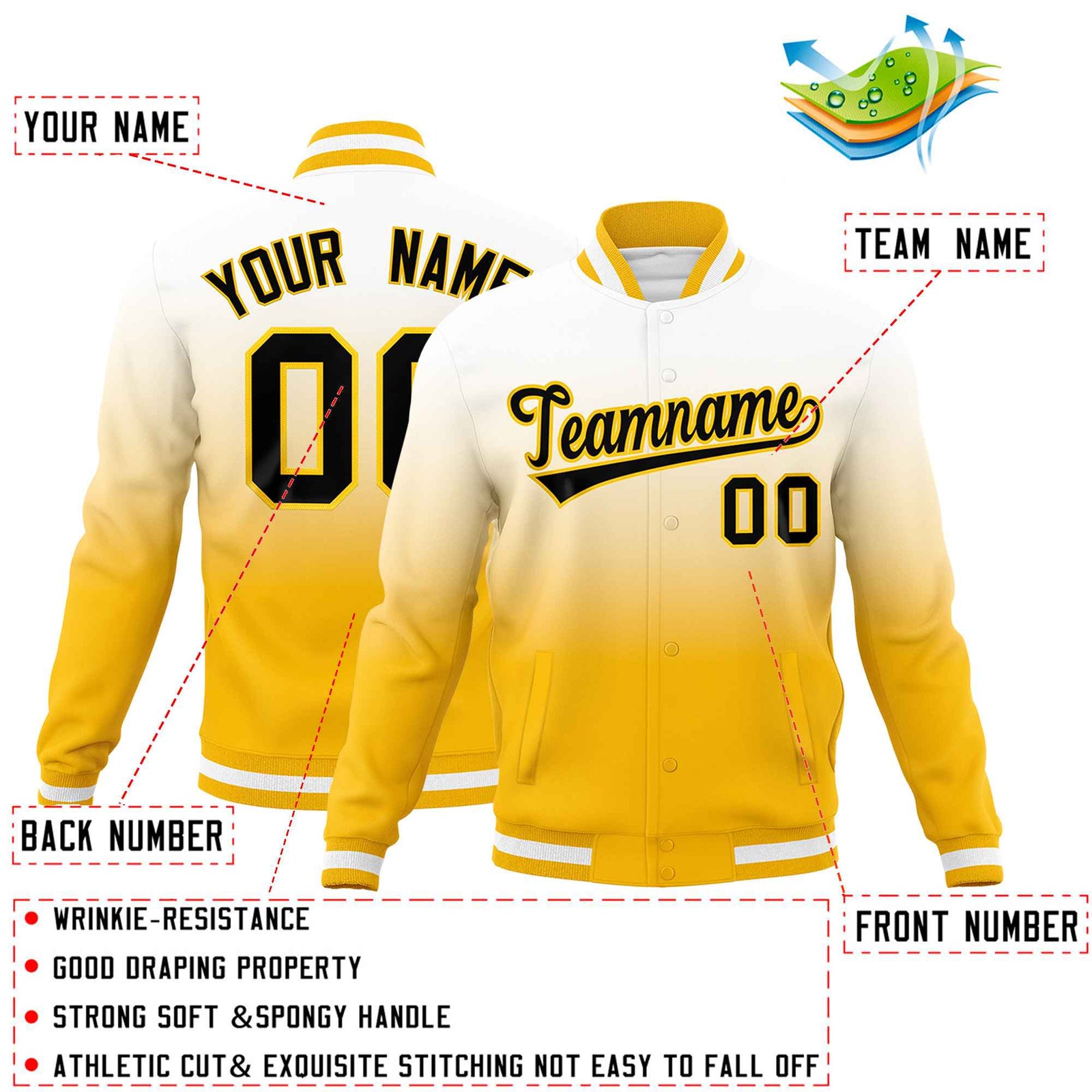 Custom Yellow White Full-Snap Varsity Personalization Gradient Fashion Letterman Jacket| KXKSHOP