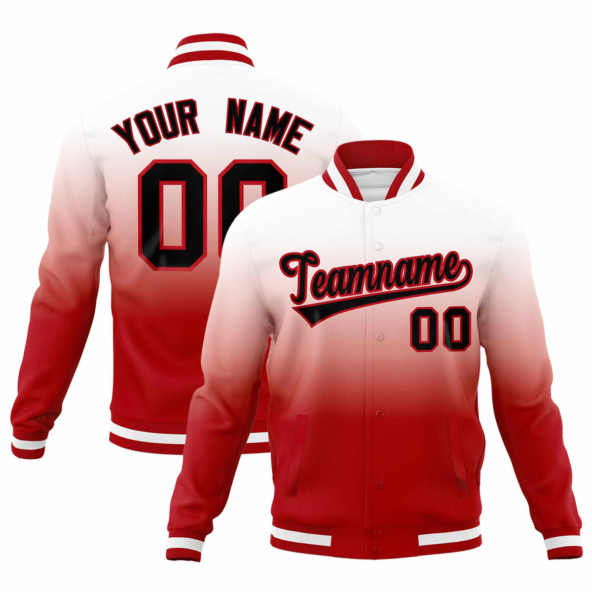 Custom White Red Full-Snap Varsity Personalization Gradient Fashion Letterman Jacket| KXKSHOP