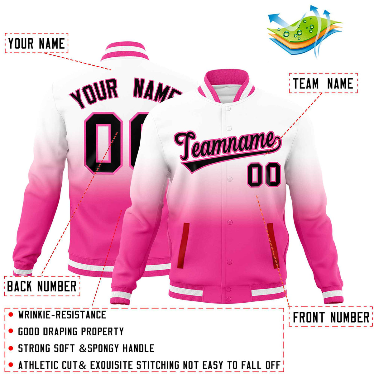 Custom White Pink Full-Snap Varsity Personalization Gradient Fashion Letterman Jacket| KXKSHOP