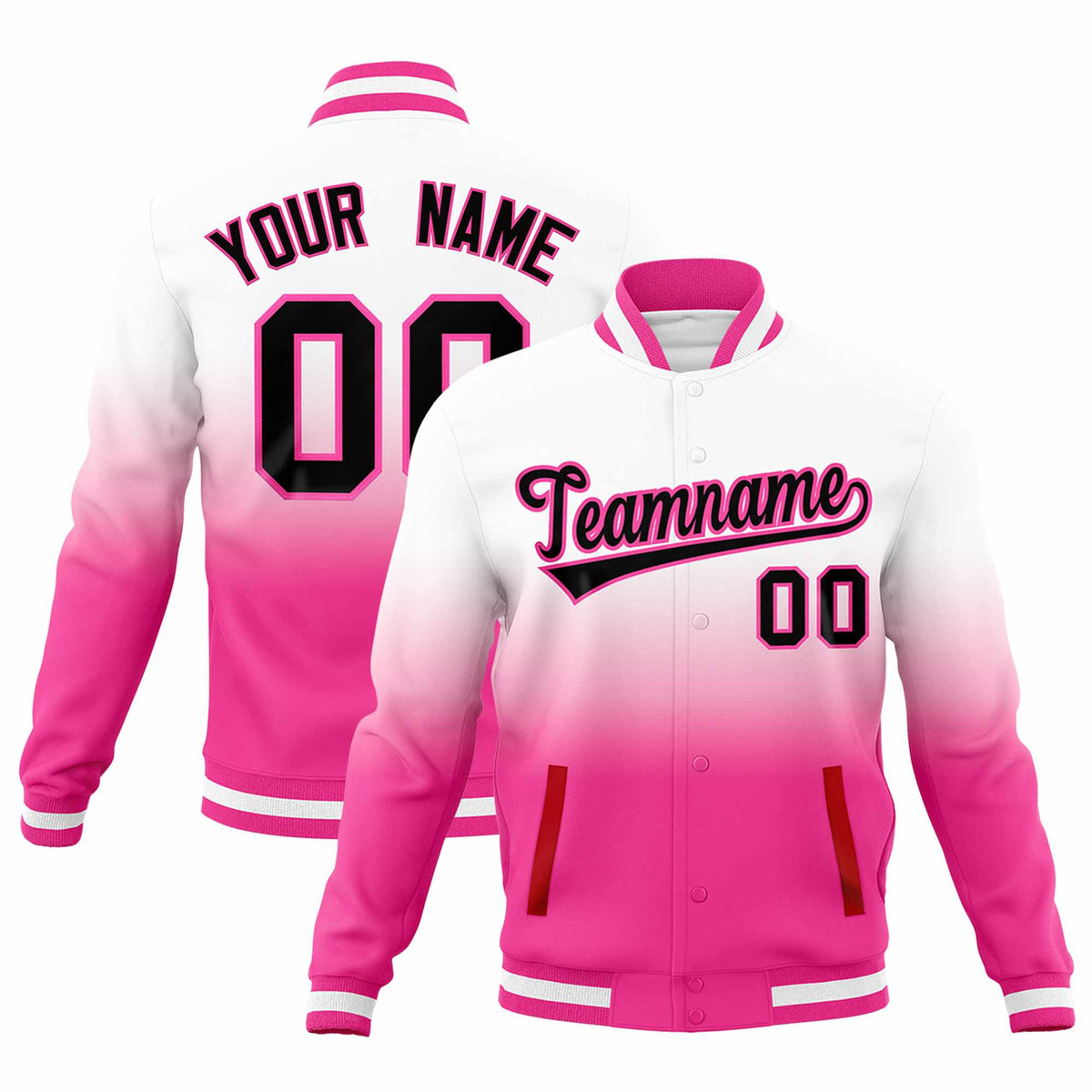 Custom White Pink Full-Snap Varsity Personalization Gradient Fashion Letterman Jacket| KXKSHOP