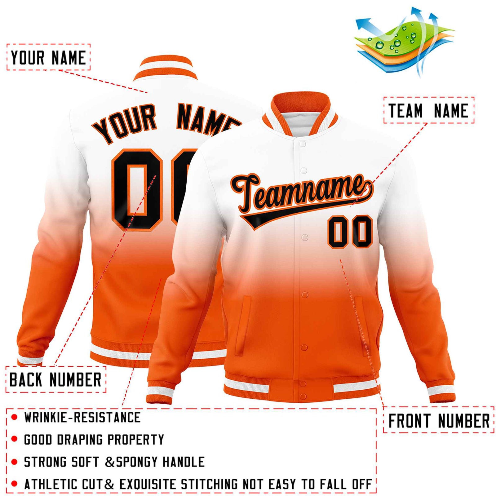 Custom White Orange Full-Snap Varsity Personalization Gradient Fashion Letterman Jacket| KXKSHOP