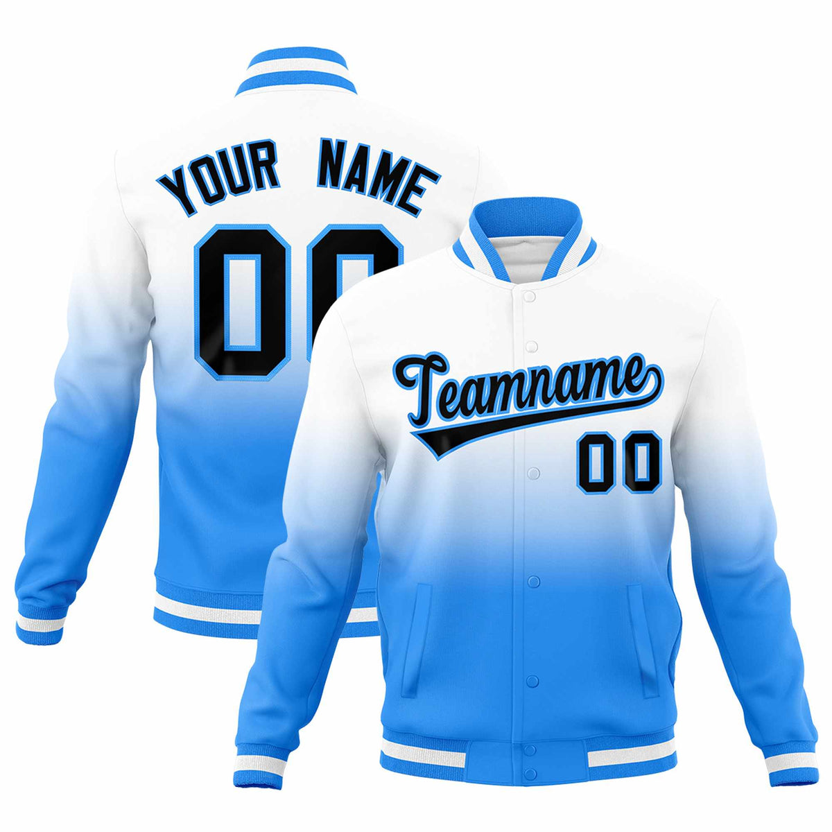 Custom White Powder Blue Full-Snap Varsity Personalization Gradient Fashion Letterman Jacket| KXKSHOP
