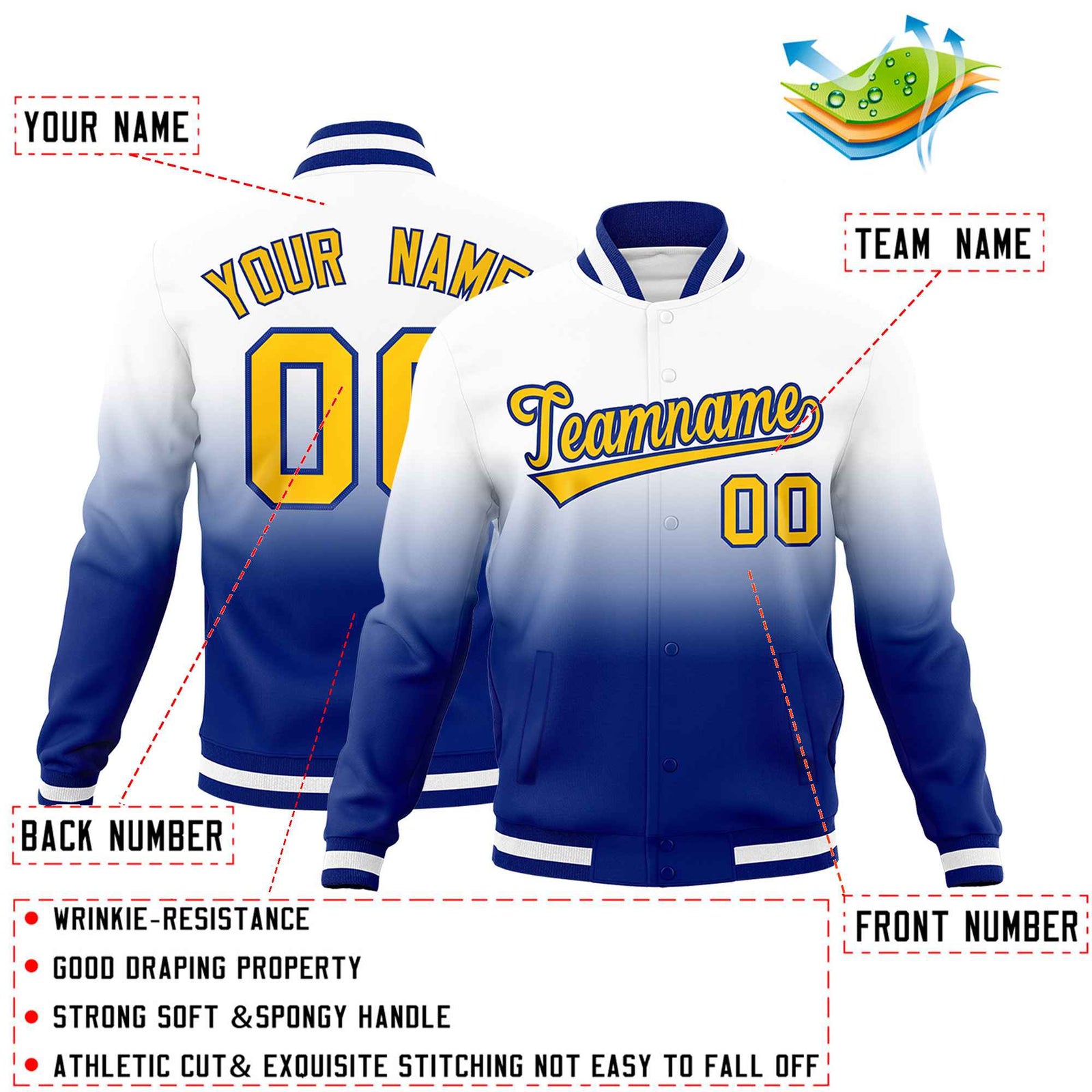 Custom White Royal Full-Snap Varsity Personalization Gradient Fashion Letterman Jacket| KXKSHOP