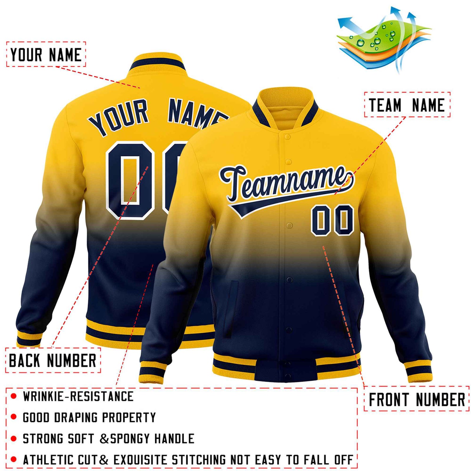 Custom Yellow Navy Full-Snap Varsity Personalization Gradient Fashion Letterman Jacket| KXKSHOP