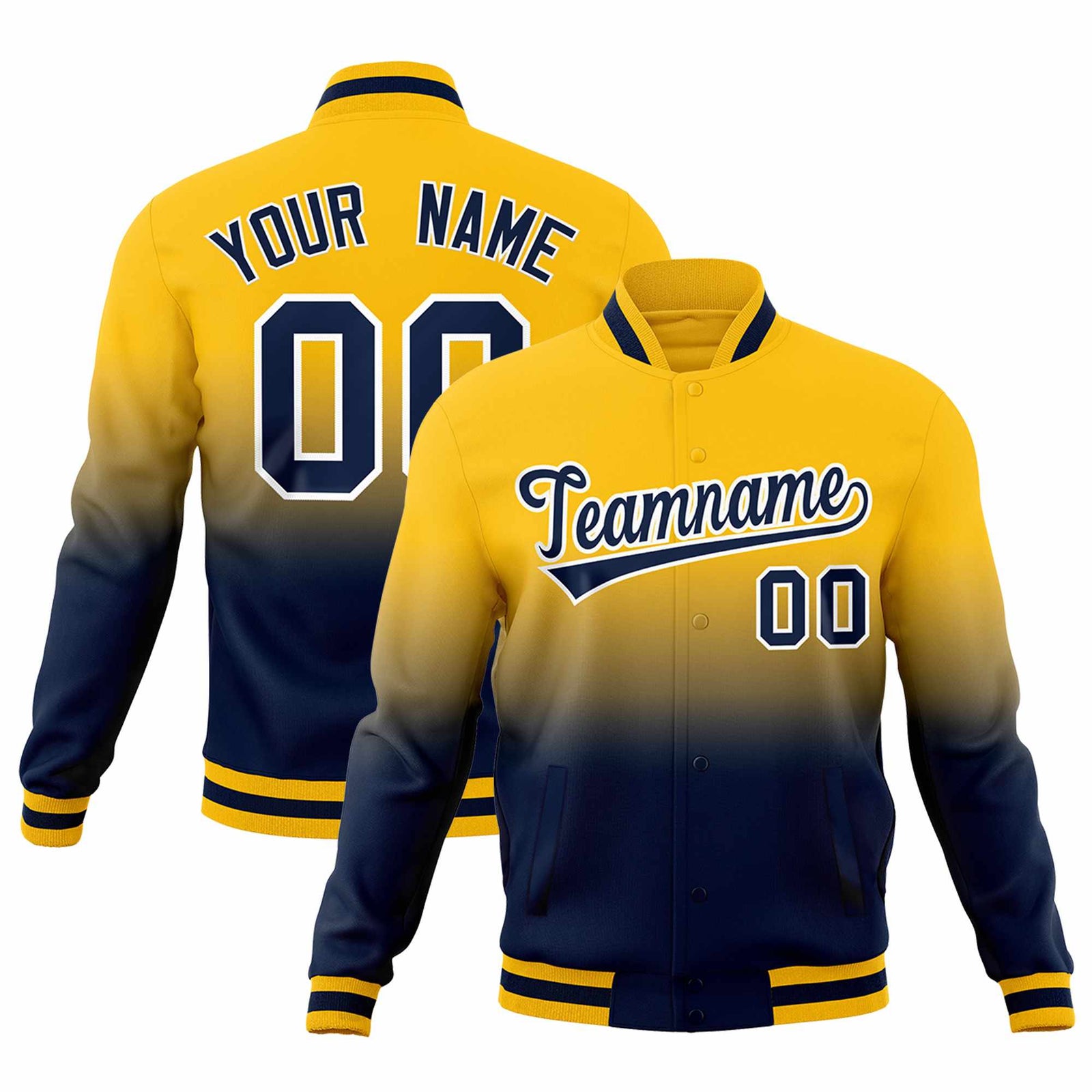 Custom Yellow Navy Full-Snap Varsity Personalization Gradient Fashion Letterman Jacket| KXKSHOP
