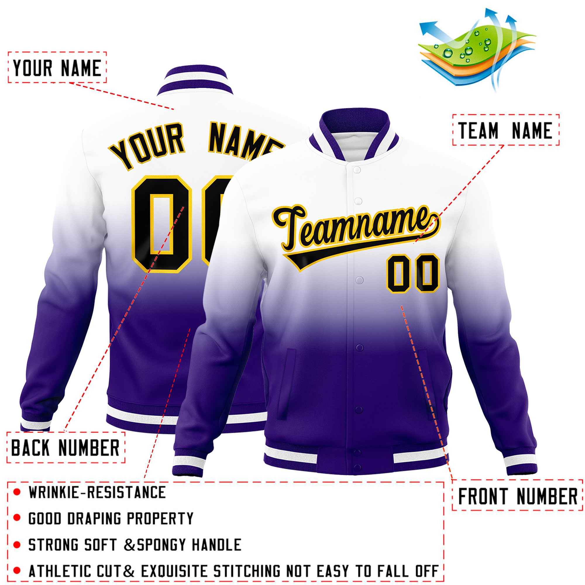 Custom White Purple Full-Snap Varsity Personalization Gradient Fashion Letterman Jacket| KXKSHOP