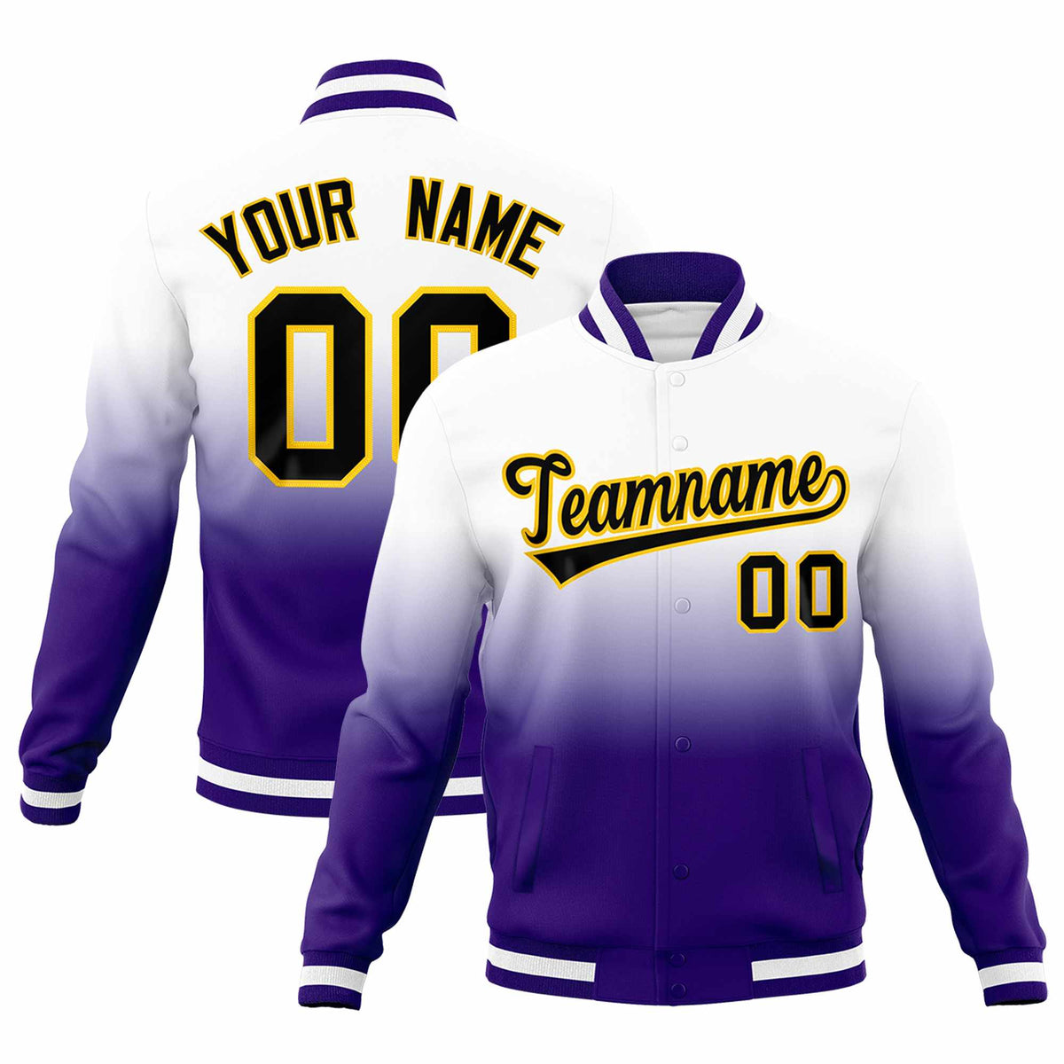 Custom White Purple Full-Snap Varsity Personalization Gradient Fashion Letterman Jacket| KXKSHOP