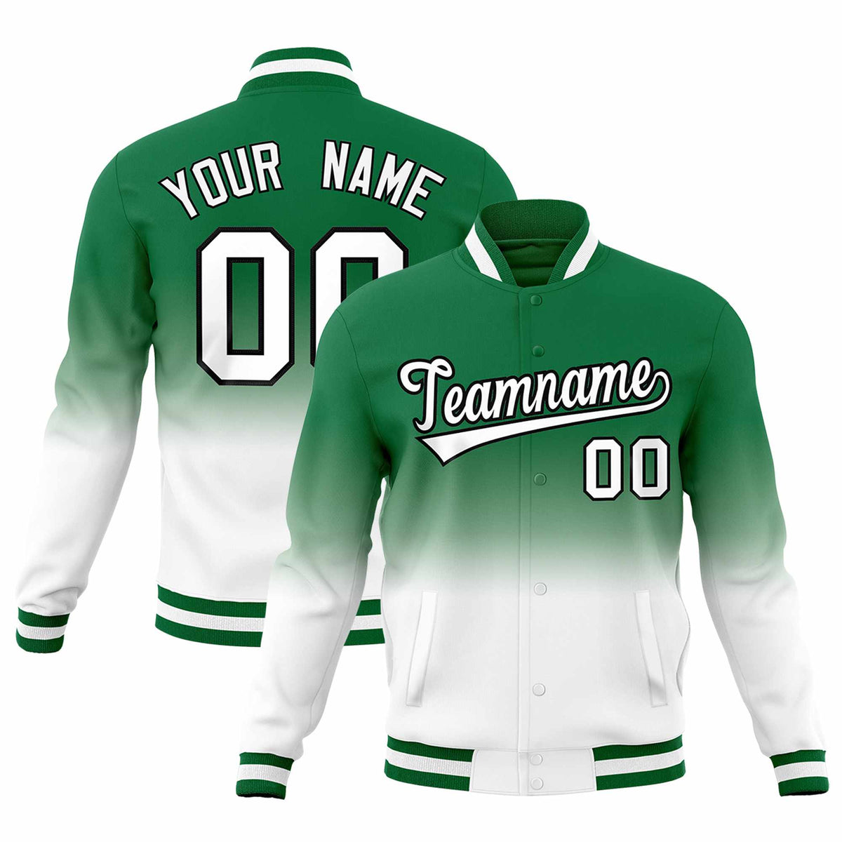 Custom Kelly Green White Full-Snap Varsity Personalization Gradient Fashion Letterman Jacket| KXKSHOP