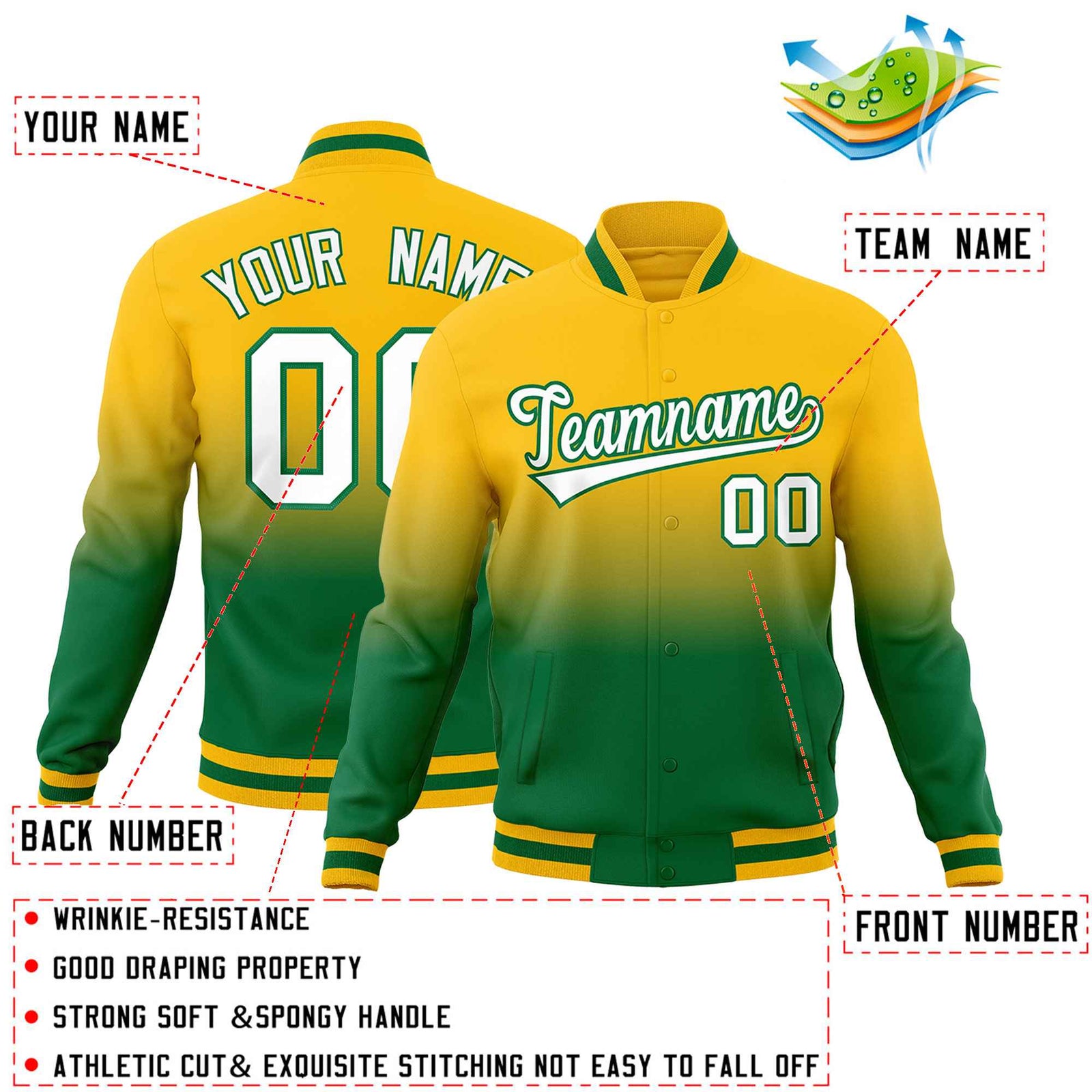 Custom Yellow Kelly Green Full-Snap Varsity Personalization Gradient Fashion Letterman Jacket| KXKSHOP