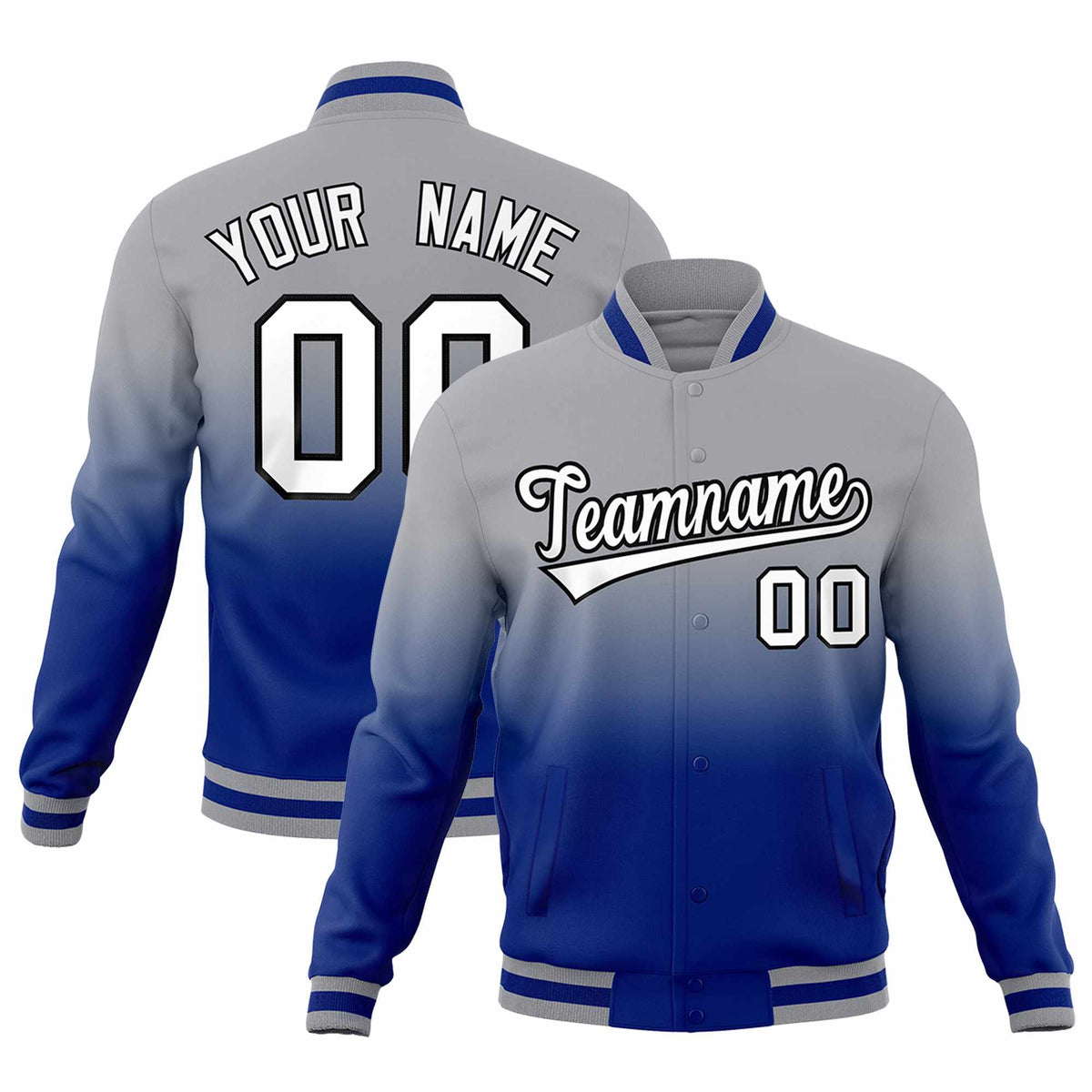 Custom Gray Royal Blue Full-Snap Varsity Personalization Gradient Fashion Letterman Jacket| KXKSHOP