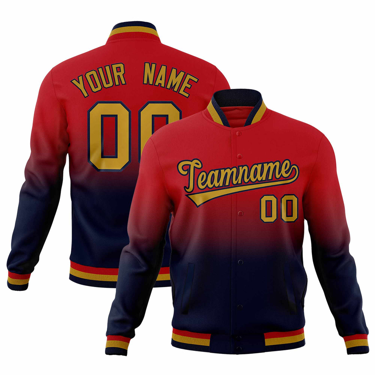 Custom Red Navy Full-Snap Varsity Personalization Gradient Fashion Letterman Jacket| KXKSHOP