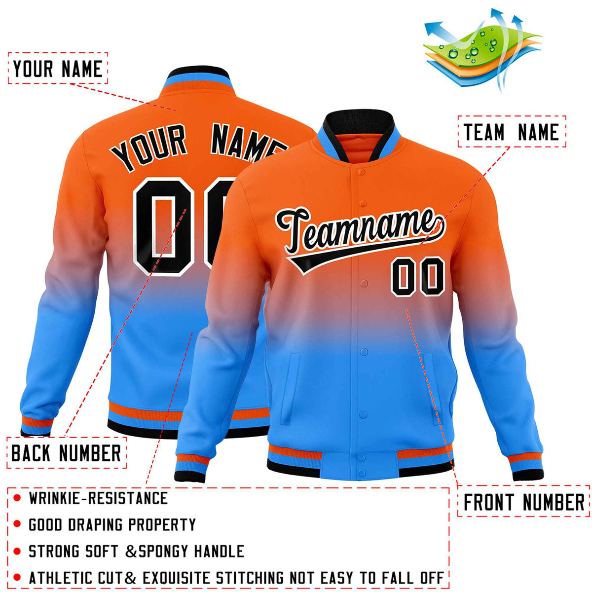 Custom Orange Powder Blue Full-Snap Varsity Personalization Gradient Fashion Letterman Jacket| KXKSHOP
