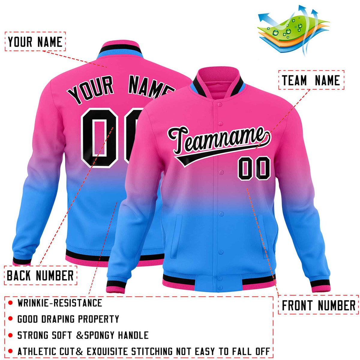 Custom Pink Powder Blue Full-Snap Varsity Personalization Gradient Fashion Letterman Jacket| KXKSHOP