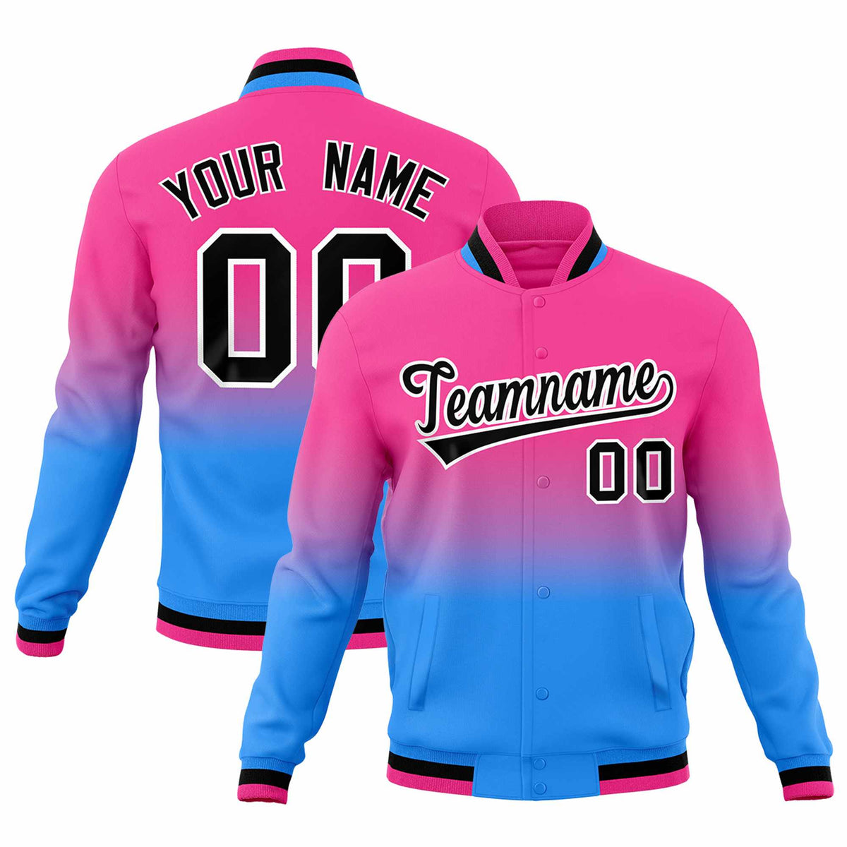 Custom Pink Powder Blue Full-Snap Varsity Personalization Gradient Fashion Letterman Jacket| KXKSHOP