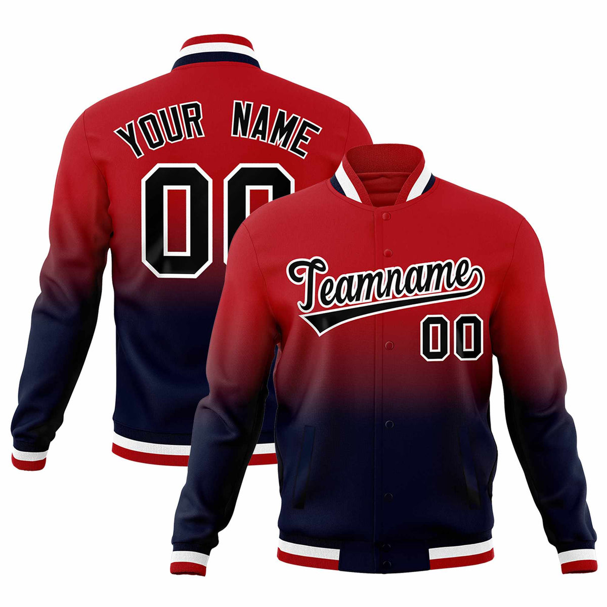 Custom Red Navy Full-Snap Varsity Personalization Gradient Fashion Letterman Jacket| KXKSHOP