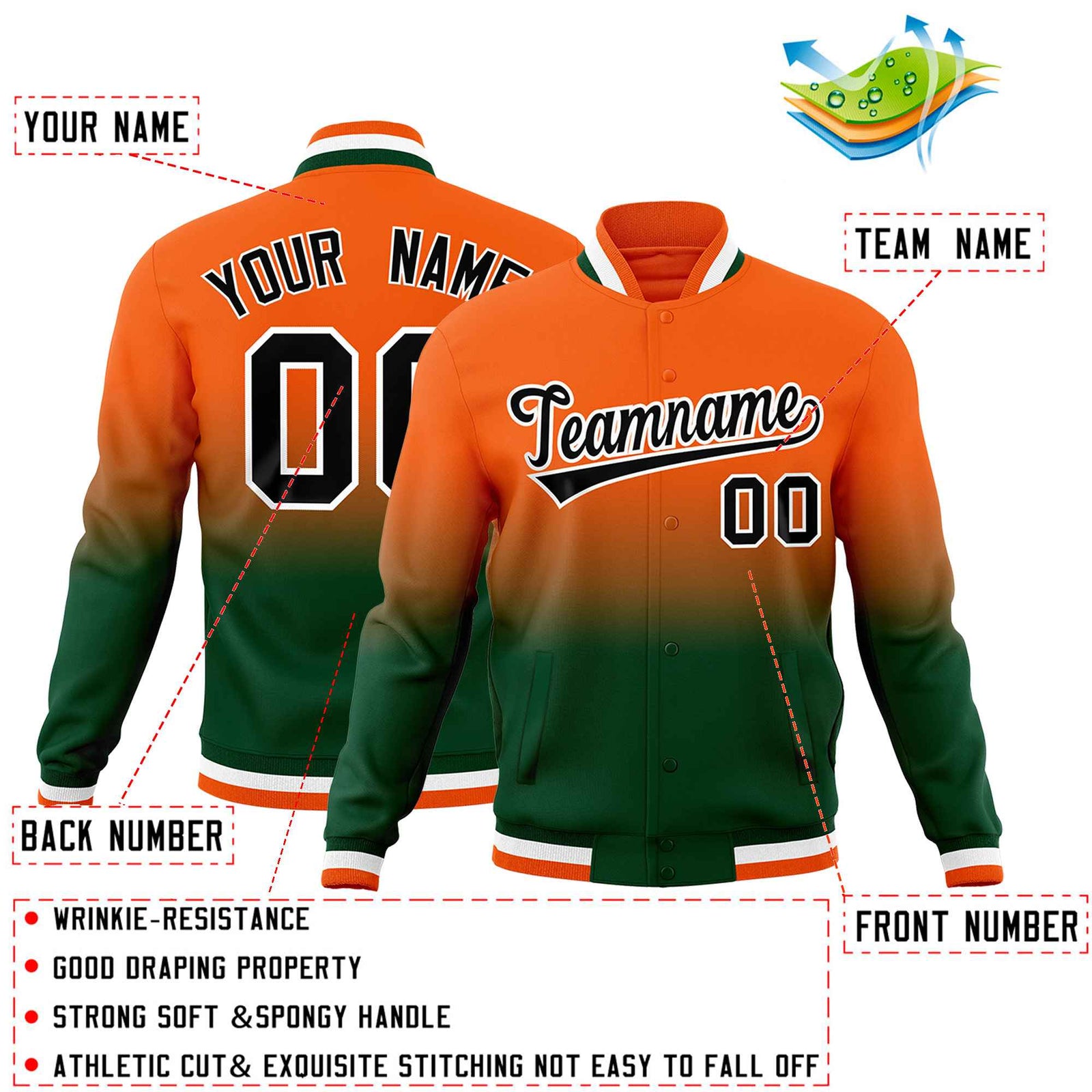 Custom Orange Green Full-Snap Varsity Personalization Gradient Fashion Letterman Jacket| KXKSHOP