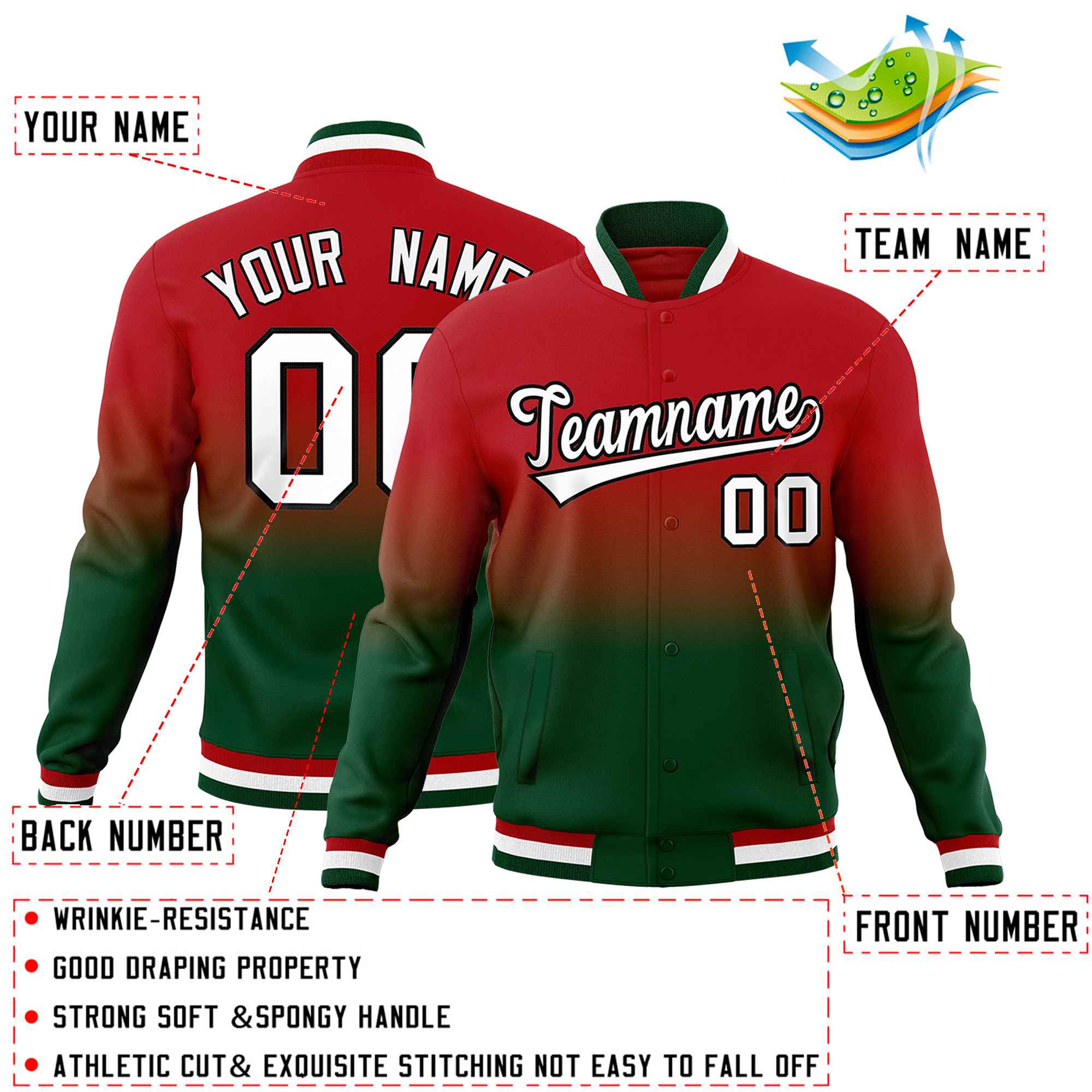 Custom Red Green Full-Snap Varsity Personalization Gradient Fashion Letterman Jacket| KXKSHOP