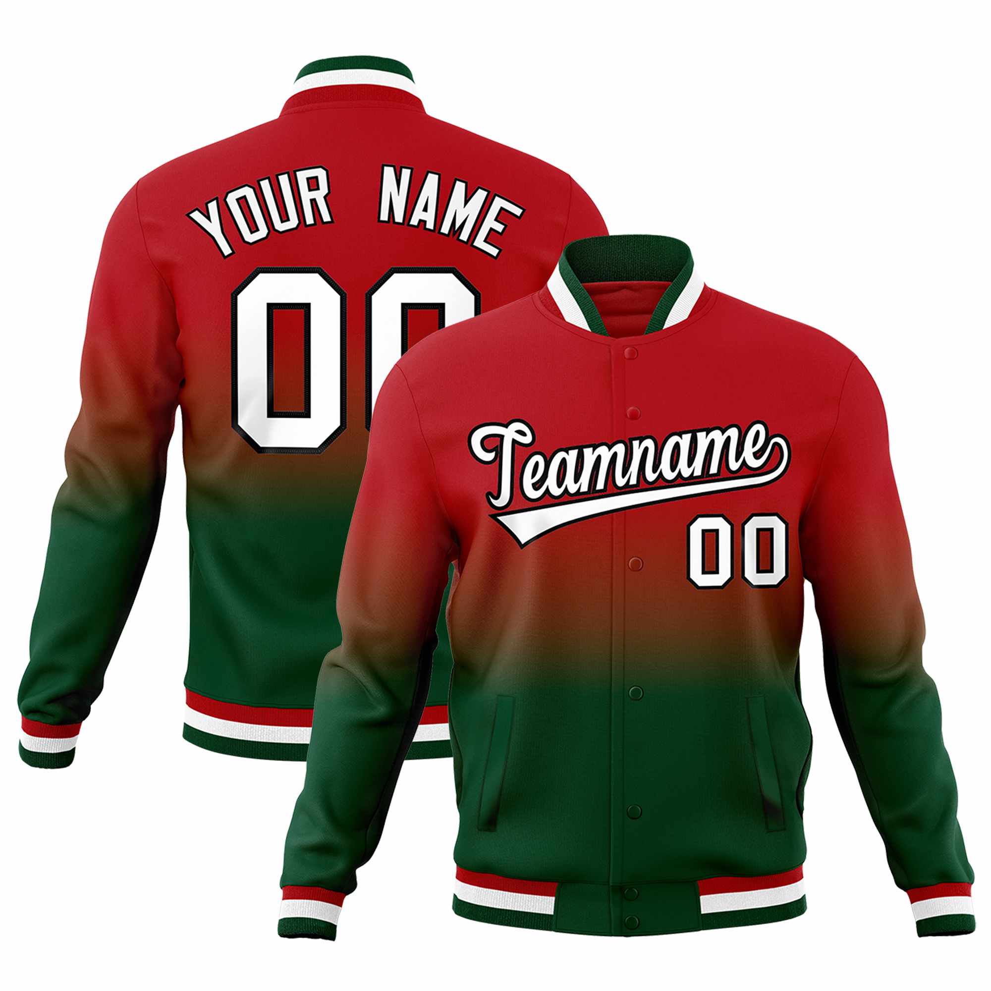 Custom Red Green Full-Snap Varsity Personalization Gradient Fashion Letterman Jacket| KXKSHOP