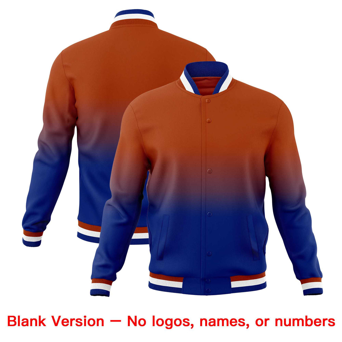 Custom Dark Orange Royal Blue Full-Snap Varsity Personalization Gradient Fashion Letterman Jacket| KXKSHOP