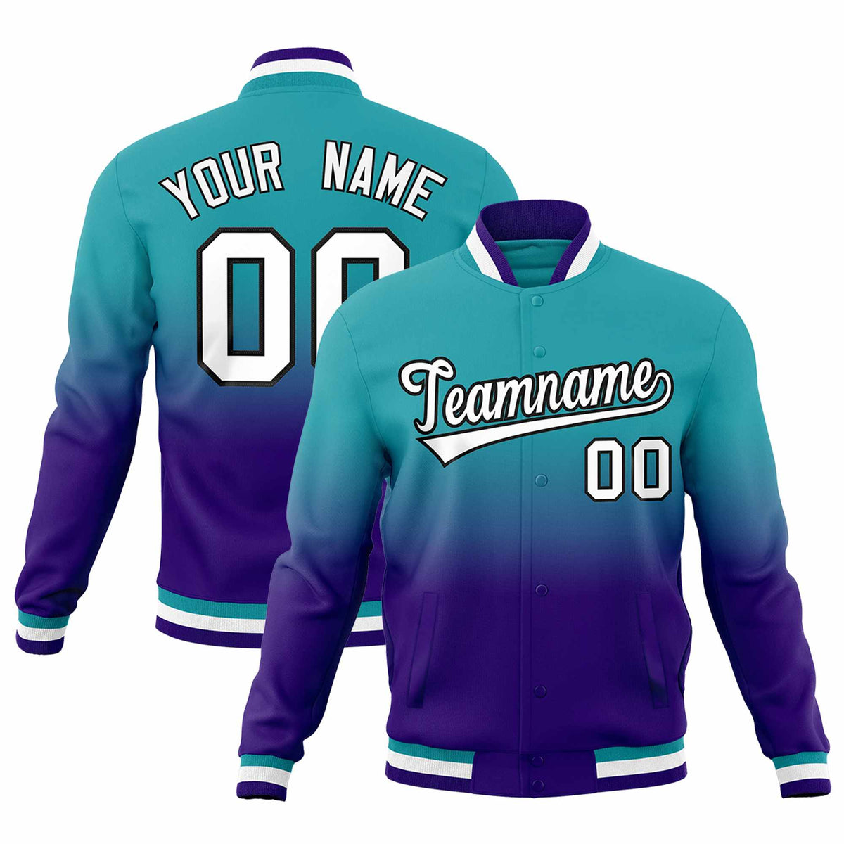 Custom Aqua Purple Full-Snap Varsity Personalization Gradient Fashion Letterman Jacket| KXKSHOP