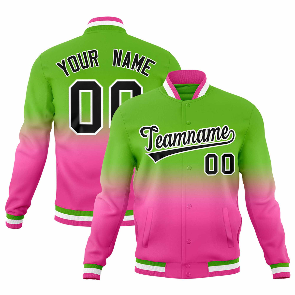Custom Green Pink Full-Snap Varsity Personalization Gradient Fashion Letterman Jacket| KXKSHOP