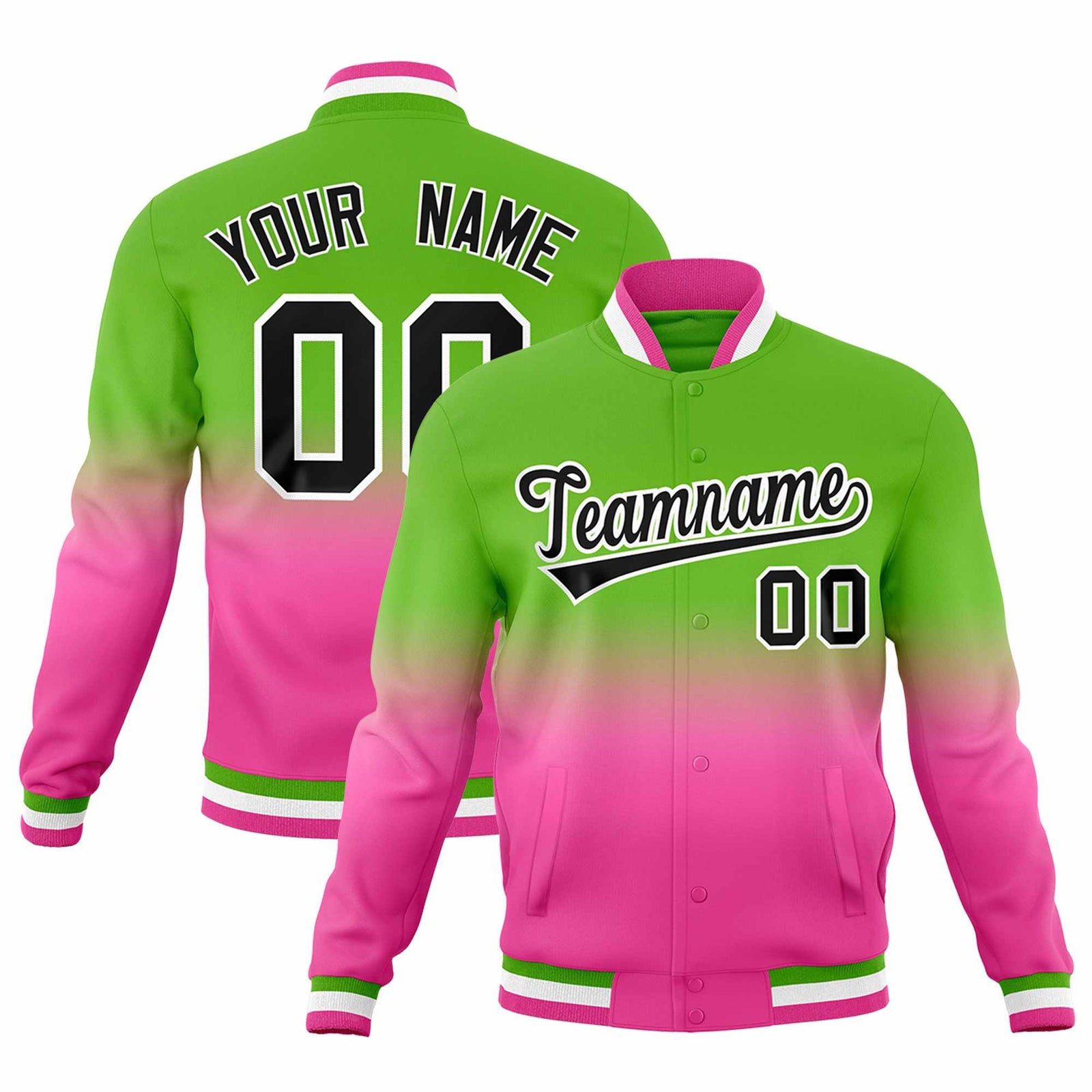 Custom Green Pink Full-Snap Varsity Personalization Gradient Fashion Letterman Jacket| KXKSHOP