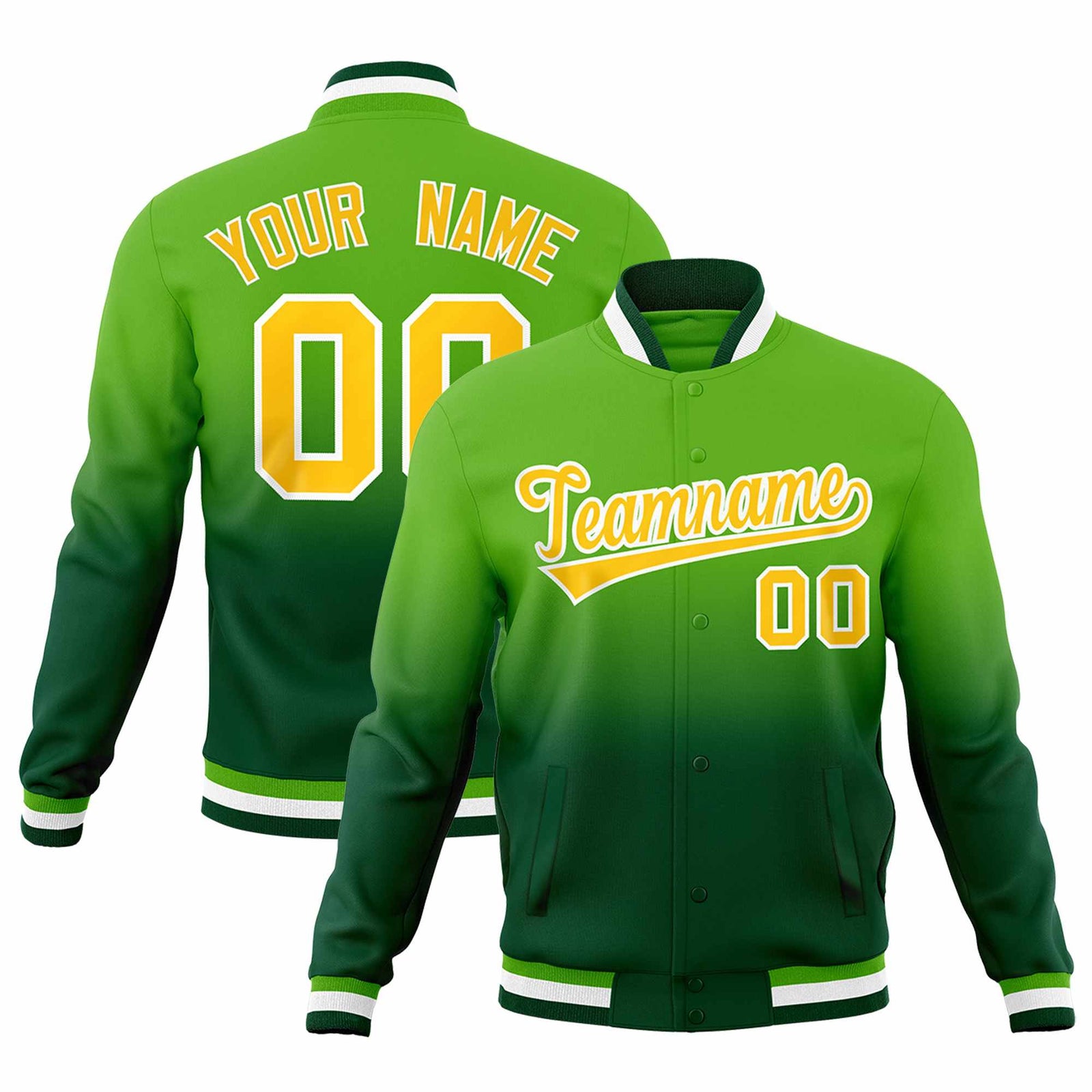 Custom Green Gold Full-Snap Varsity Personalization Gradient Fashion Letterman Jacket| KXKSHOP