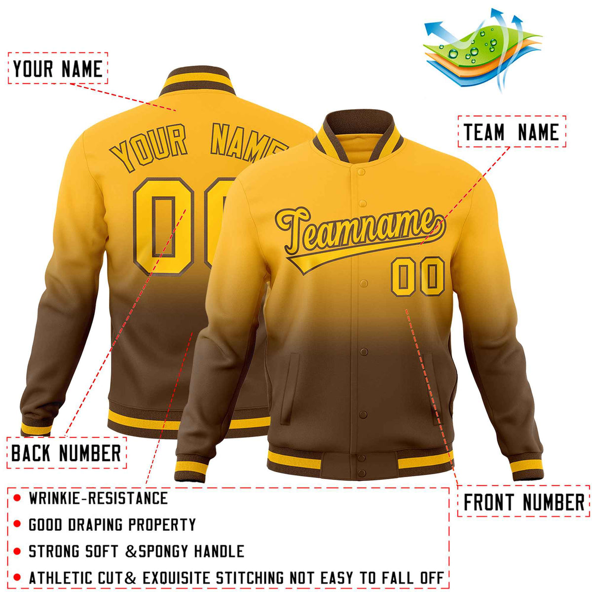 Custom Light Brown Gold Full-Snap Varsity Personalization Gradient Fashion Letterman Jacket| KXKSHOP