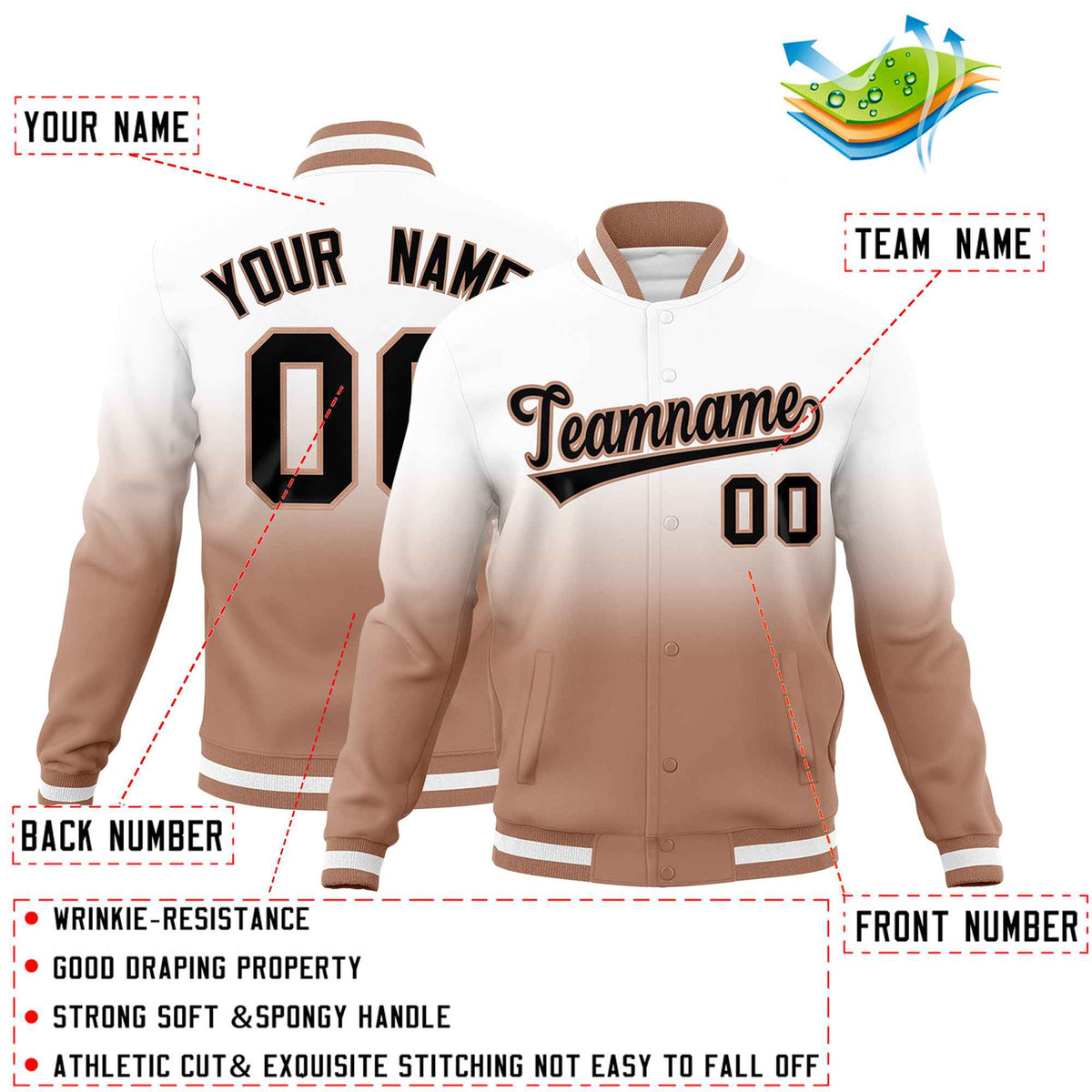 Custom White Light Brown Full-Snap Varsity Personalization Gradient Fashion Letterman Jacket| KXKSHOP