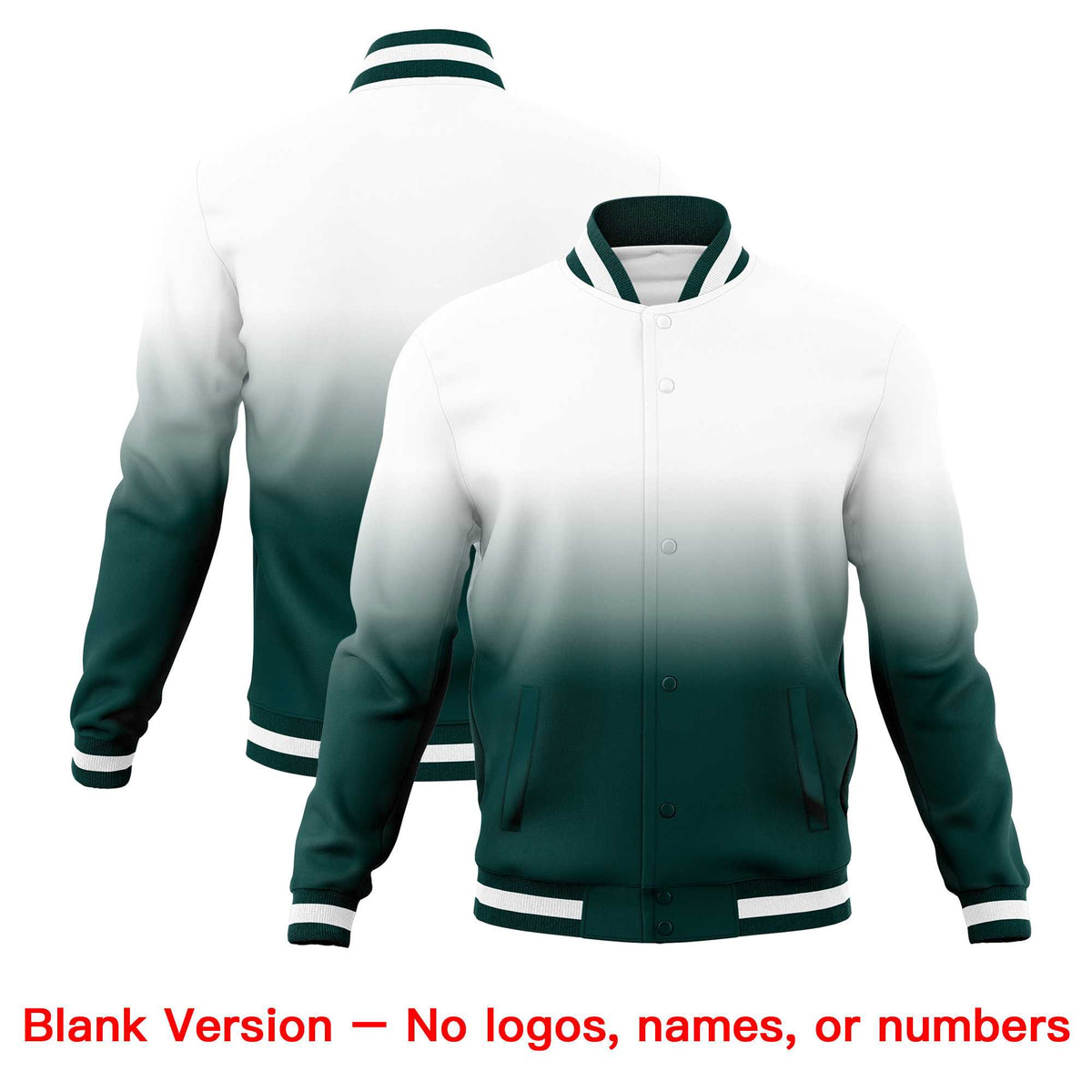 Custom White Midnight Green Full-Snap Varsity Personalization Gradient Fashion Letterman Jacket| KXKSHOP
