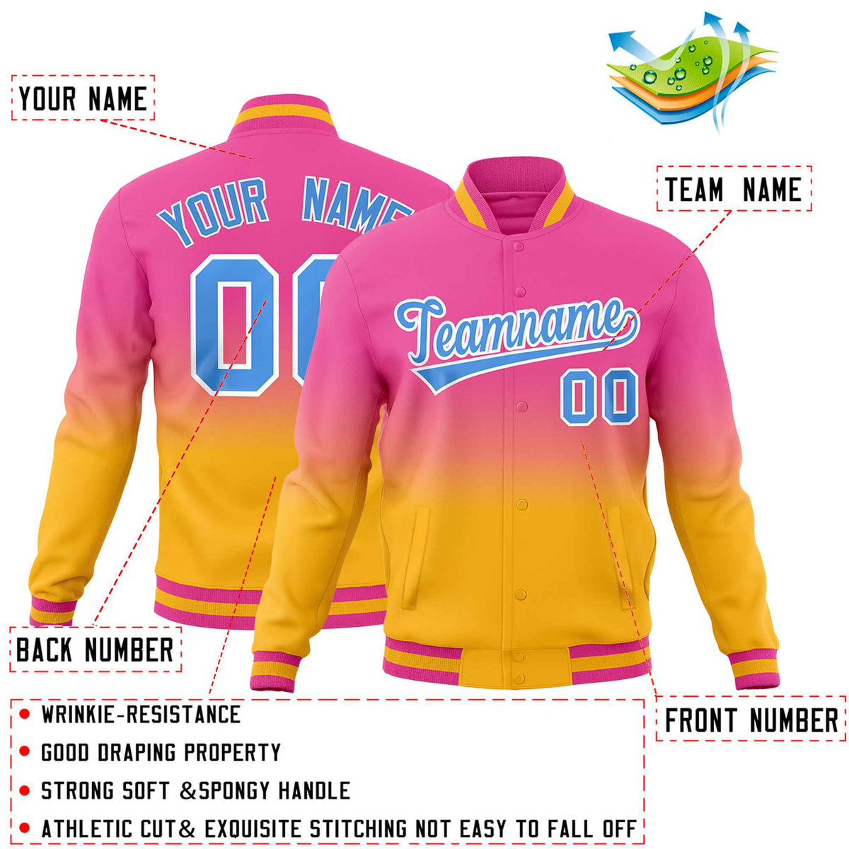 Custom Pink Gold Full-Snap Varsity Personalization Gradient Fashion Letterman Jacket| KXKSHOP