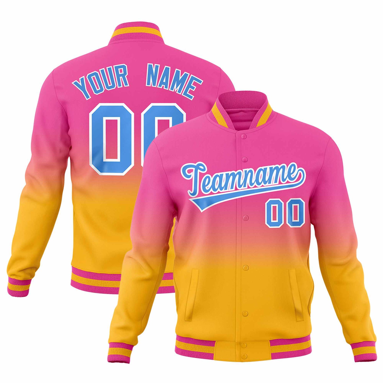 Custom Pink Gold Full-Snap Varsity Personalization Gradient Fashion Letterman Jacket| KXKSHOP