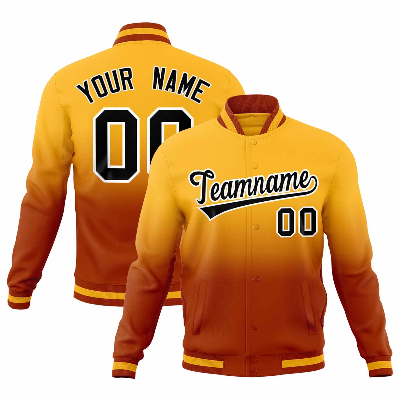 Custom Gold Dark Orange Full-Snap Varsity Personalization Gradient Fashion Letterman Jacket| KXKSHOP