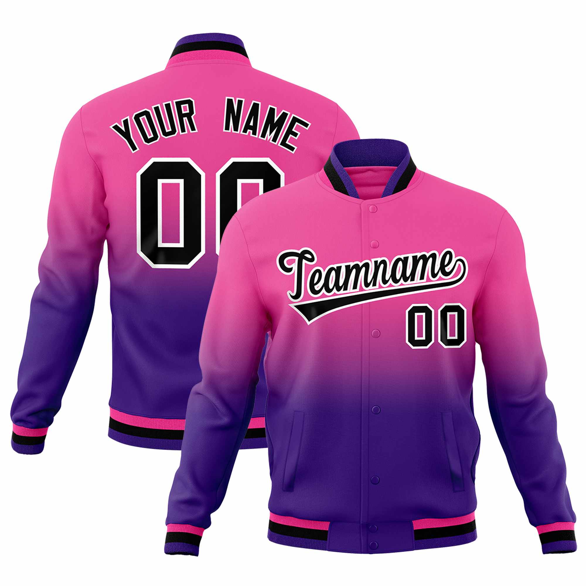 Custom Pink Purple Full-Snap Varsity Personalization Gradient Fashion Letterman Jacket| KXKSHOP
