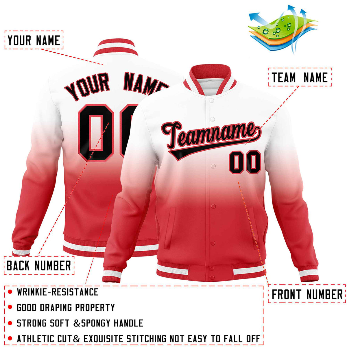 Custom White Light Red Full-Snap Varsity Personalization Gradient Fashion Letterman Jacket| KXKSHOP